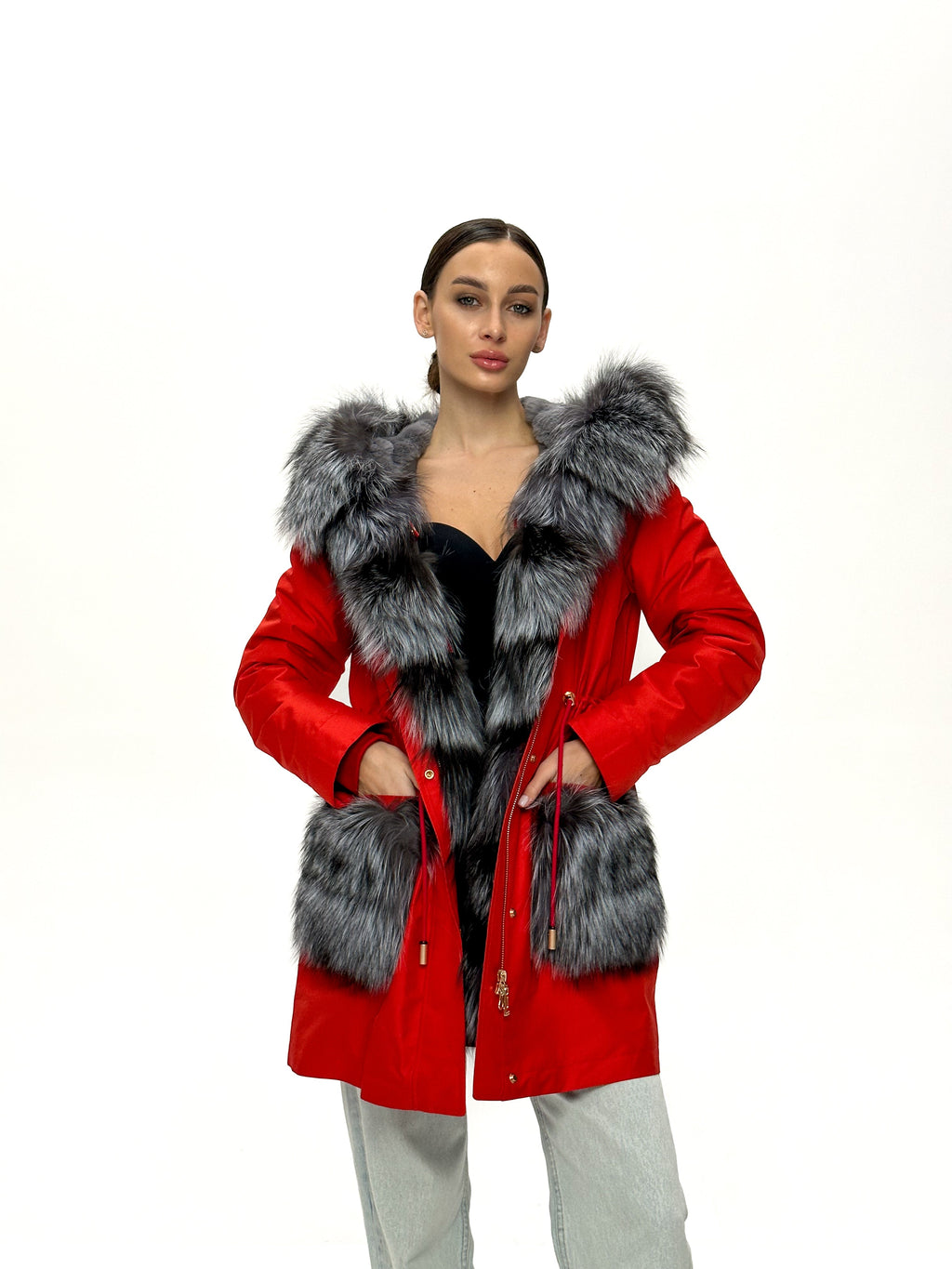 Roma Genuine Silver Fox Fur Rabbit Fur Insulated Parka in Red