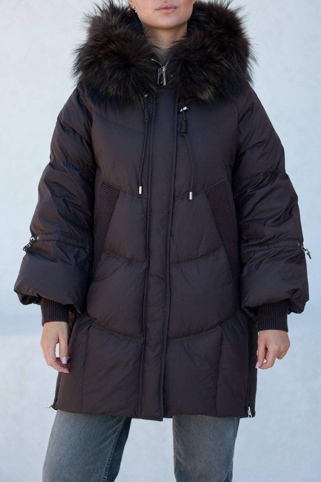 Celeste Genuine Fur Trim Down Fill Coat in Fig