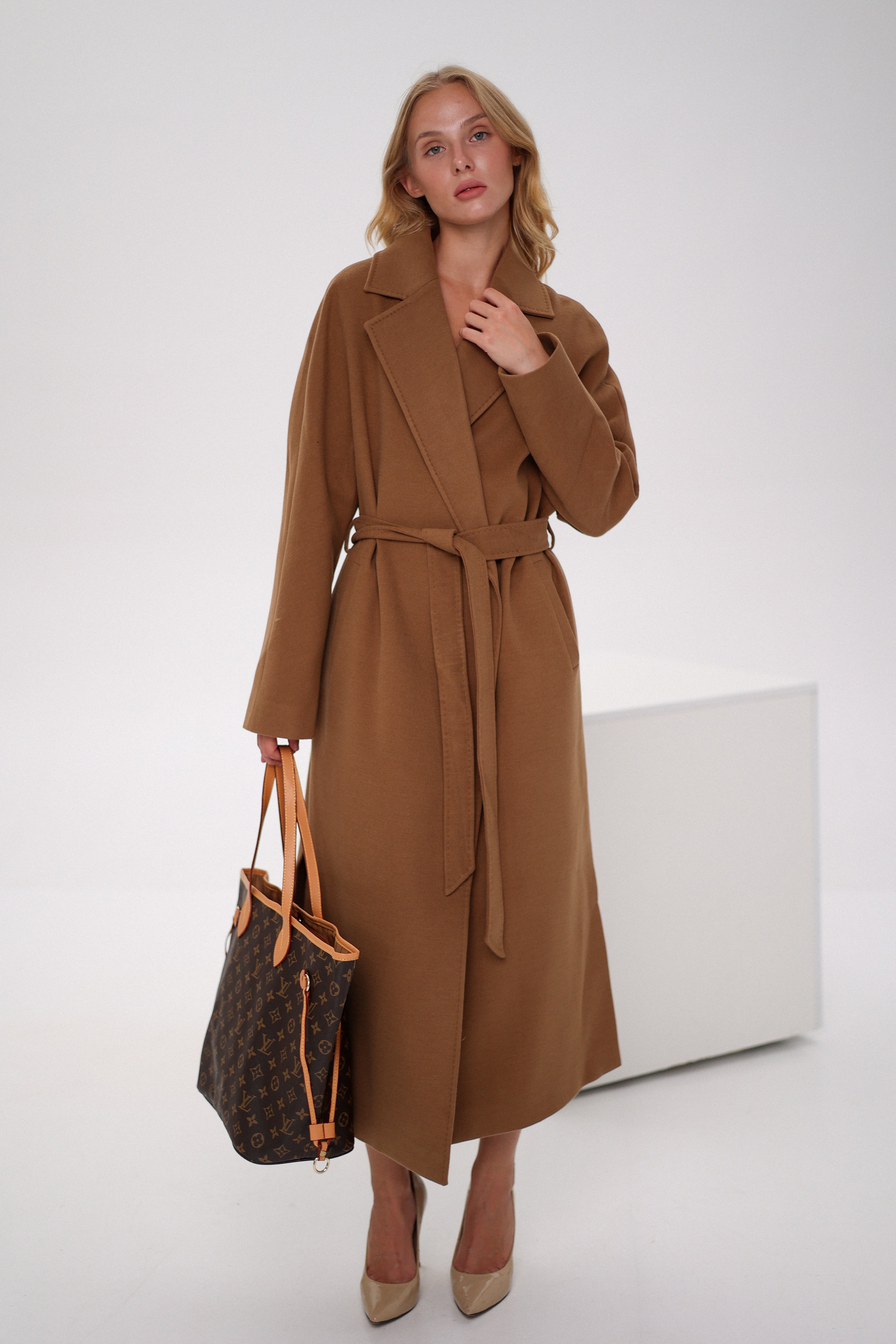 Cambridge Comfort Wraparound Wool Cashmere Coat in Dark Camel