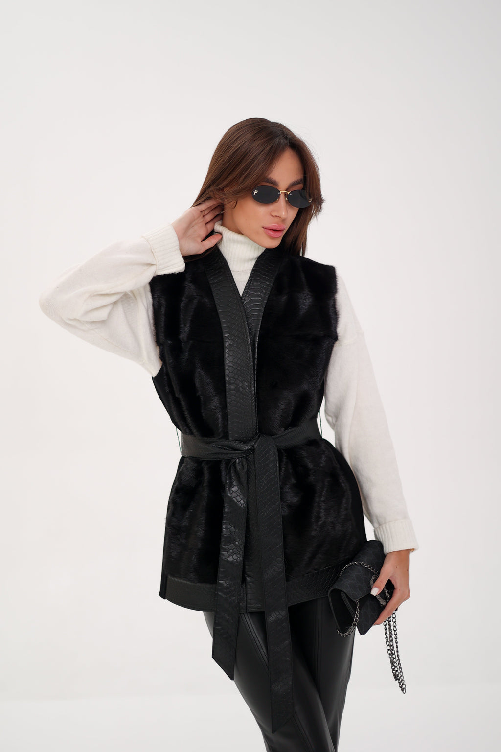 Genuine Mink Fur Leather Trim Wool Vest