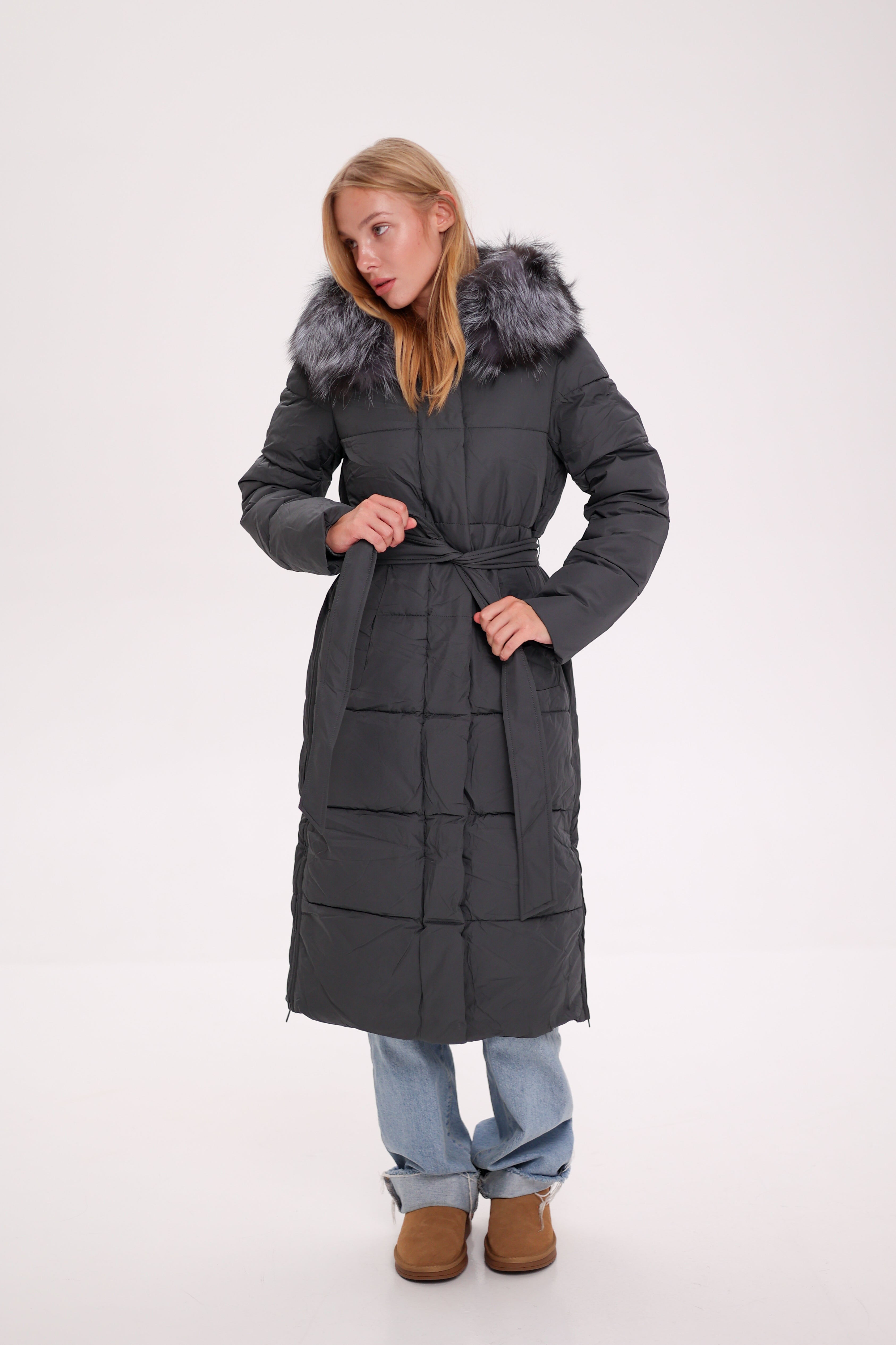 Genuine Silver Fox Belted Winter Insulated Coat