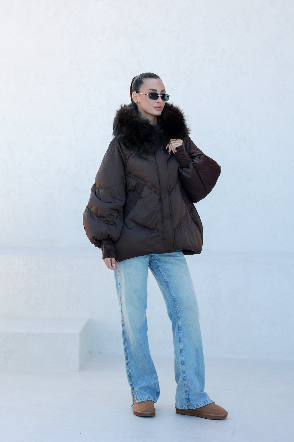 Chantal Genuine Fur Trim Down Fill Coat in Chocolate