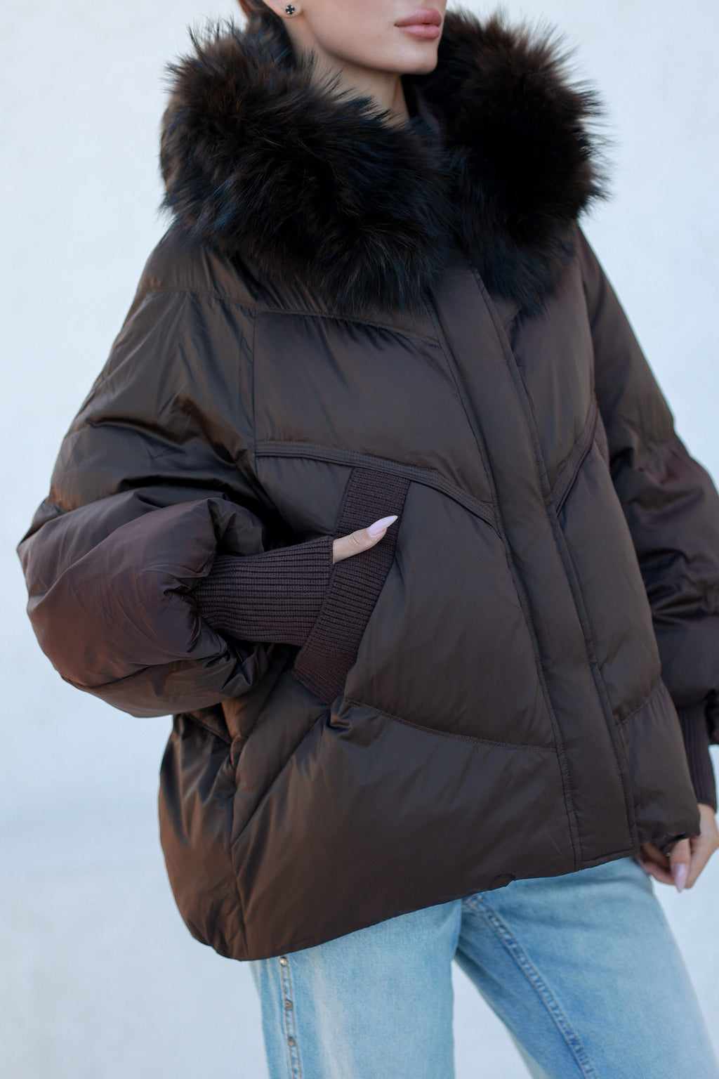 Chantal Genuine Fur Trim Down Fill Coat in Chocolate