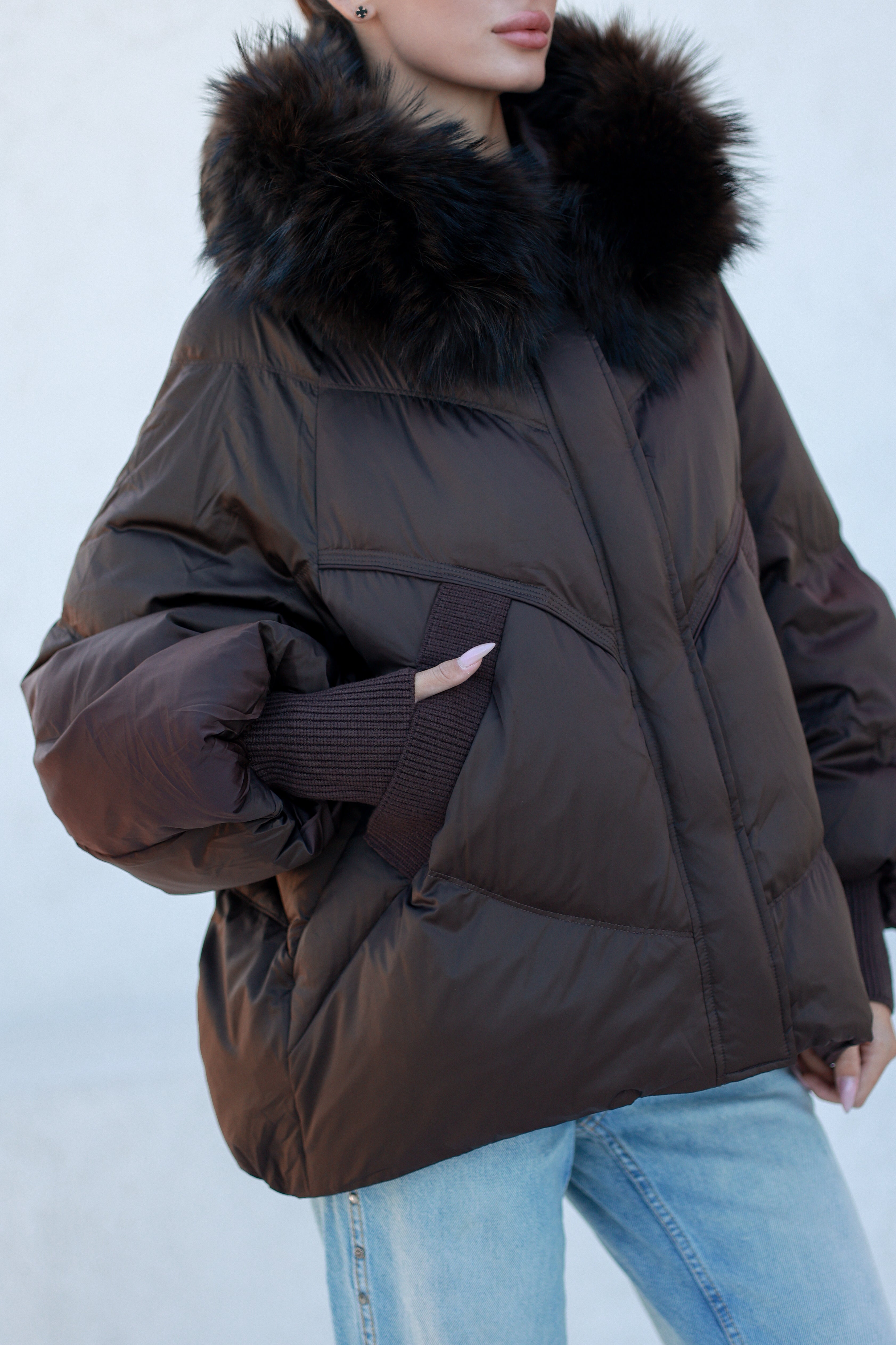 Chantal Genuine Fur Trim Down Fill Coat in Chocolate