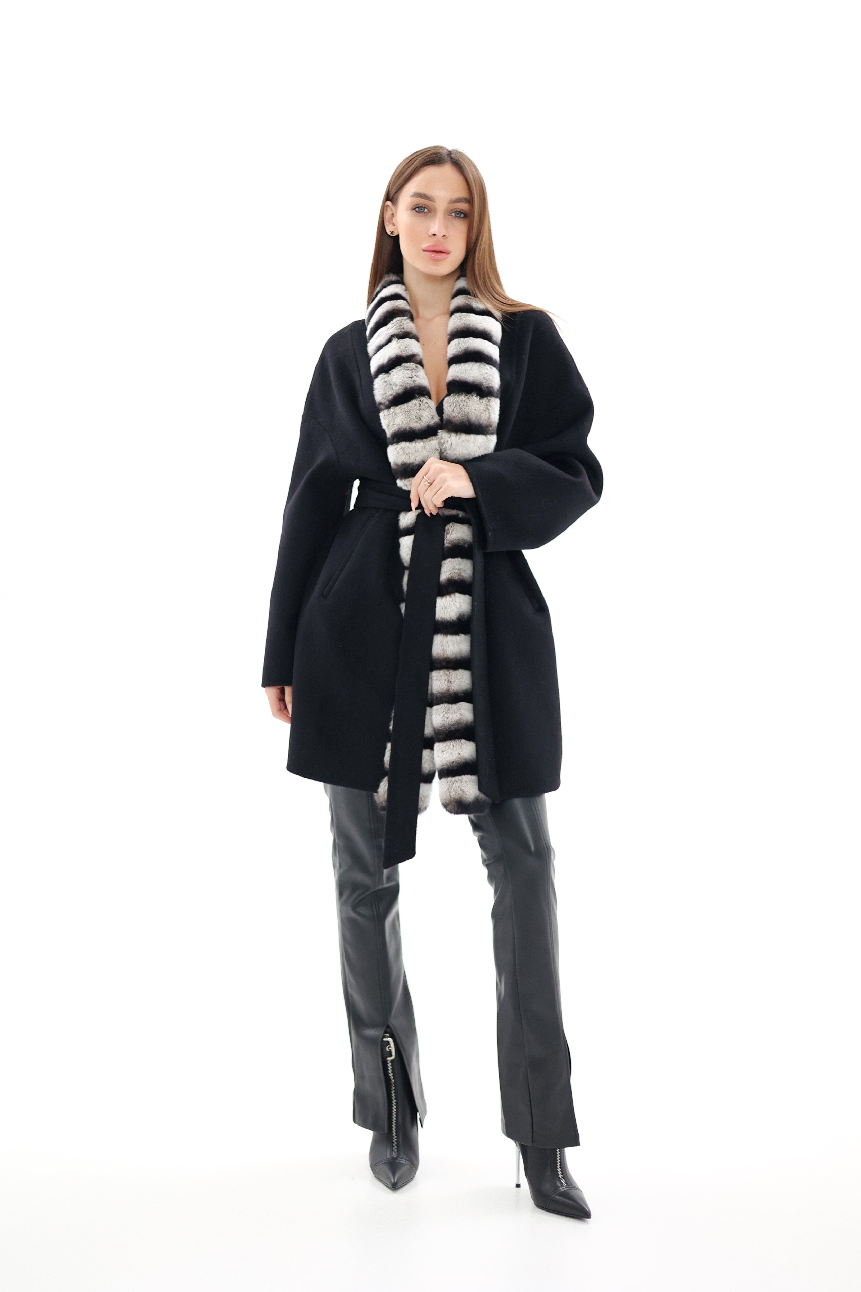 Genuine  French Orylag Fur Italian Cashmere Wool Coat 85cm