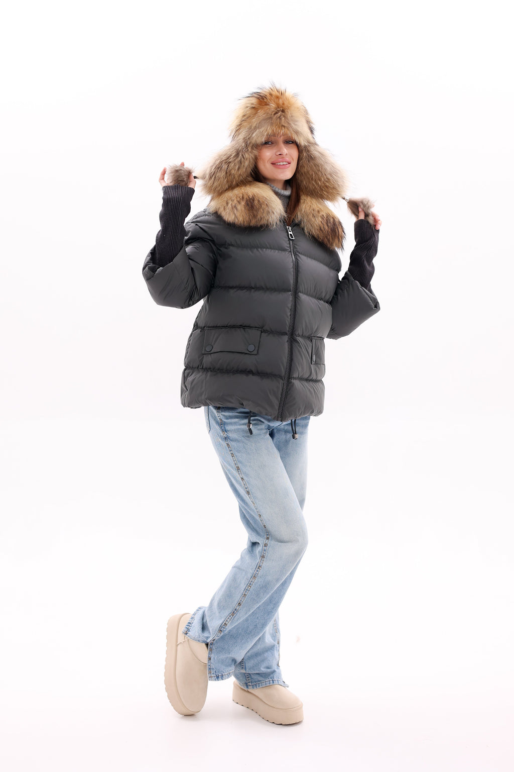 Genuine Fur Trim Down Fill Coat in Black