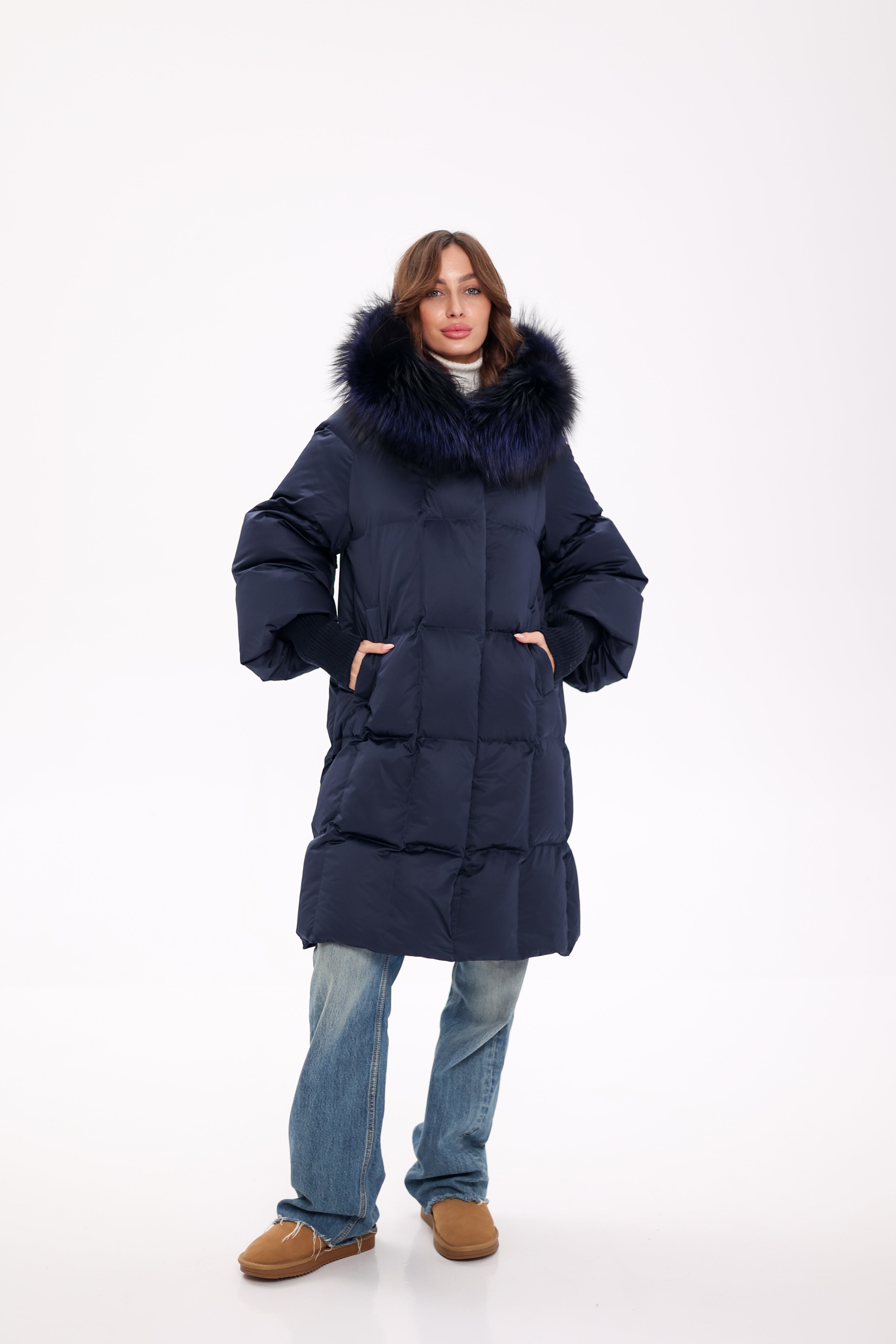 Genuine Fox Fur Trim Down Coat in Royal Blue