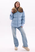 Genuine Fur Trim Down Fill Coat in Blue