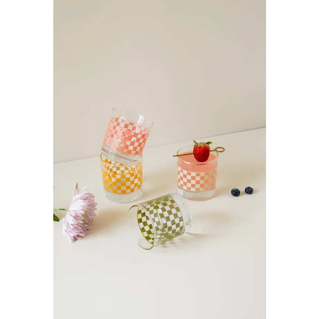 Checkered Cocktail Glass Set in Fun Colors with Small Imperfections