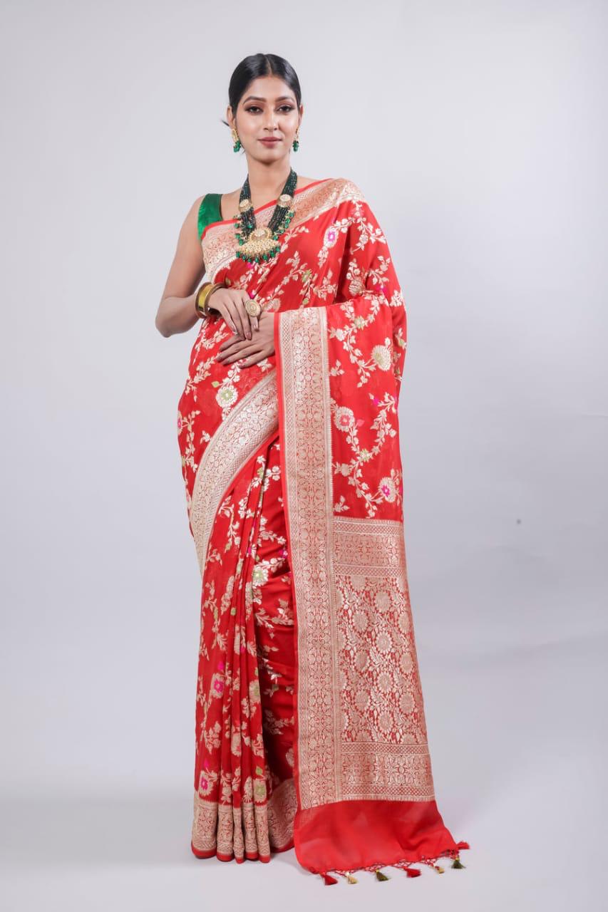 Banarasi Handloom Khaddi Georgette Silk Saree With Real Water Zari Weaving Work