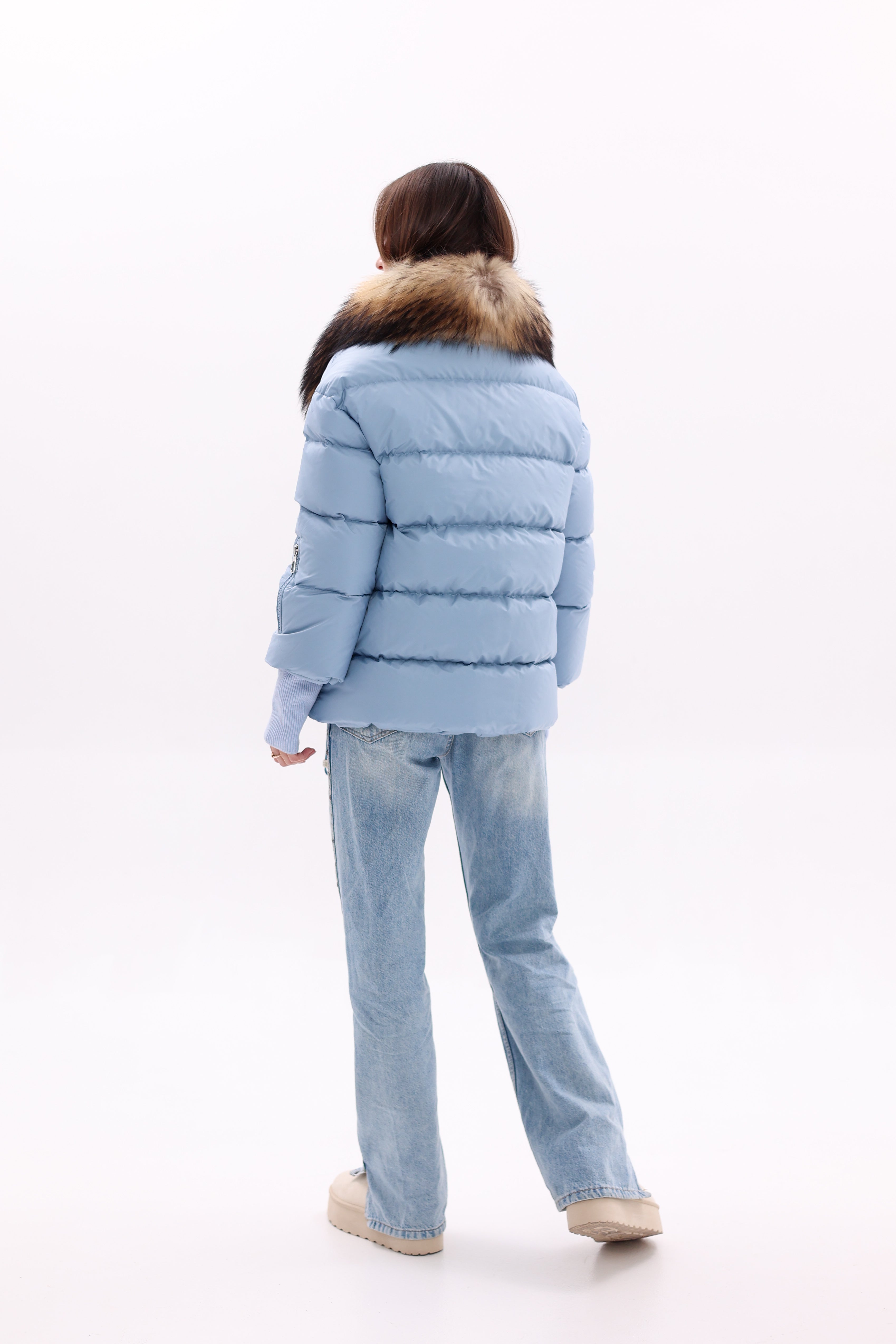 Genuine Fur Trim Down Fill Coat in Blue