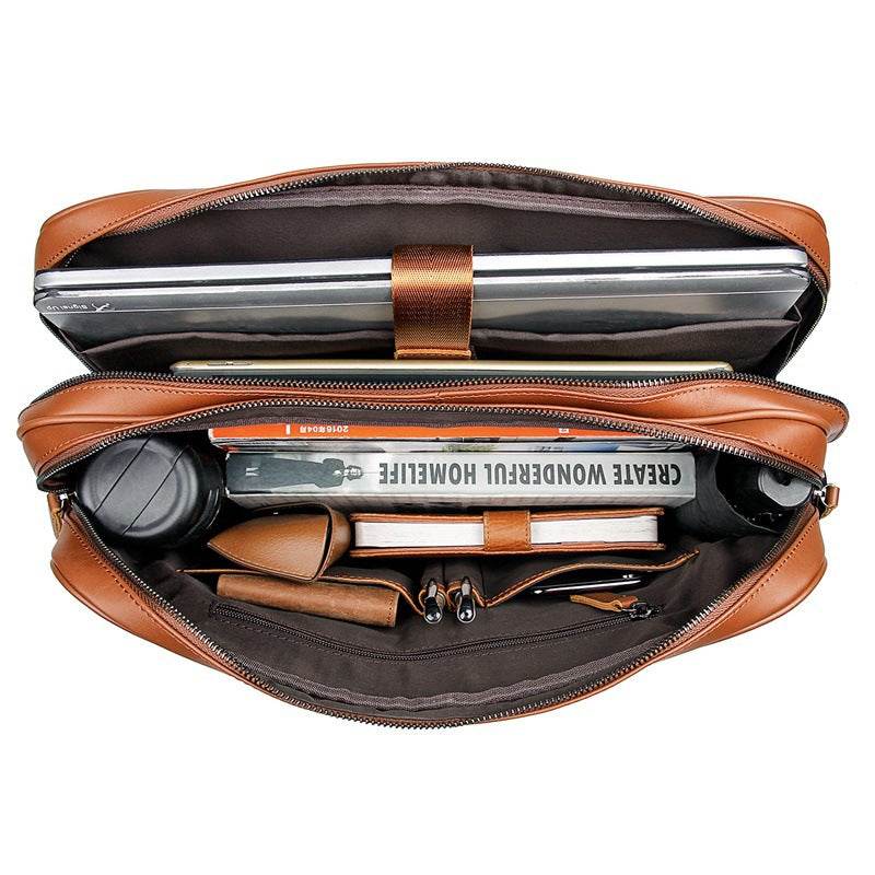 Double-Layer Zipper Bag With Tree Cream Leather Briefcase