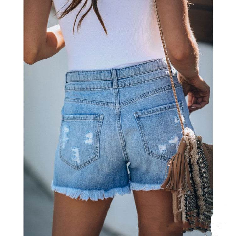 Fringed Denim Women Shorts Ripped Stitching Ladies Jeans Shorts