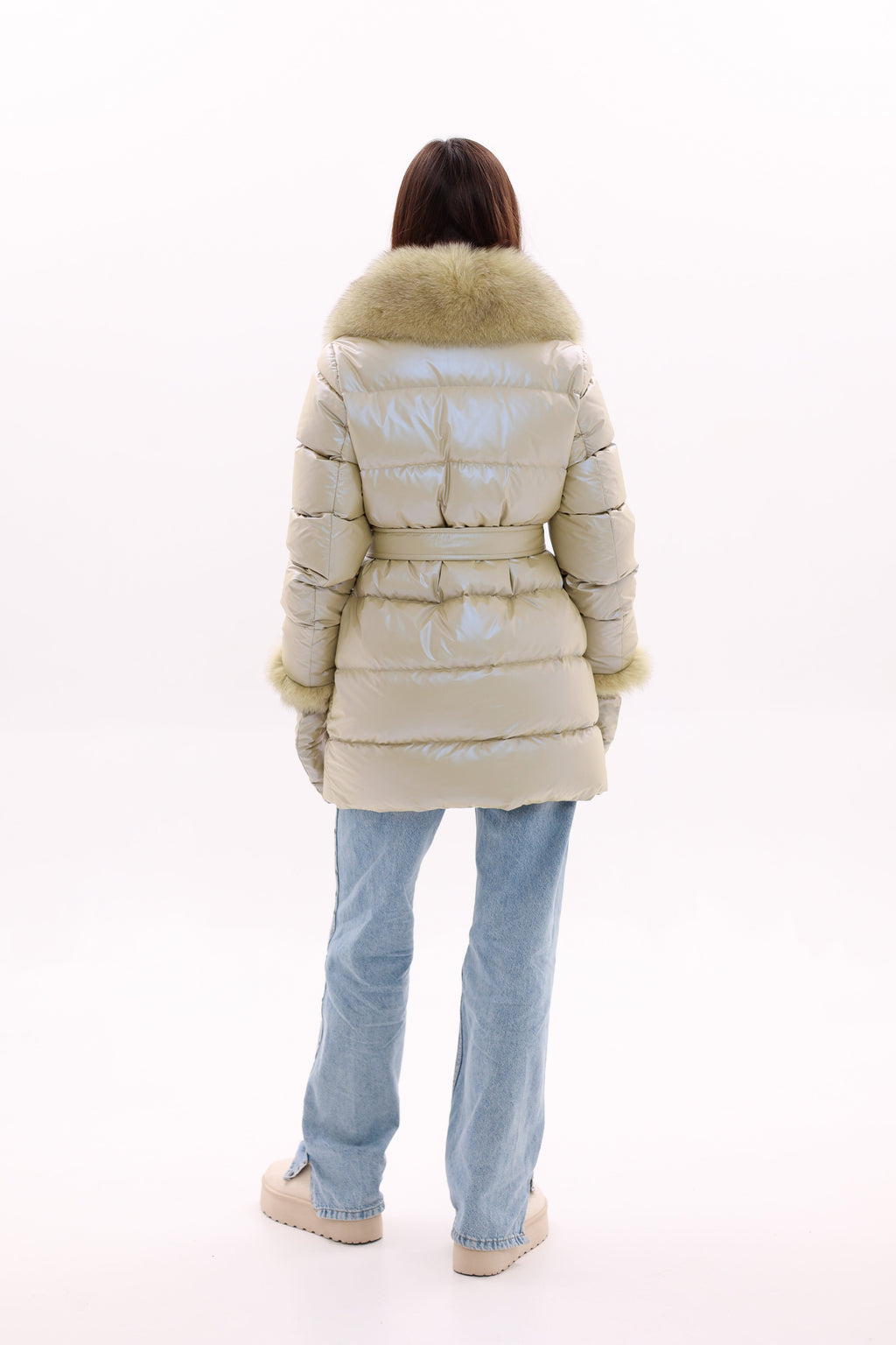 Genuine Fox Fur Down Coat with Fur Trim Mittens