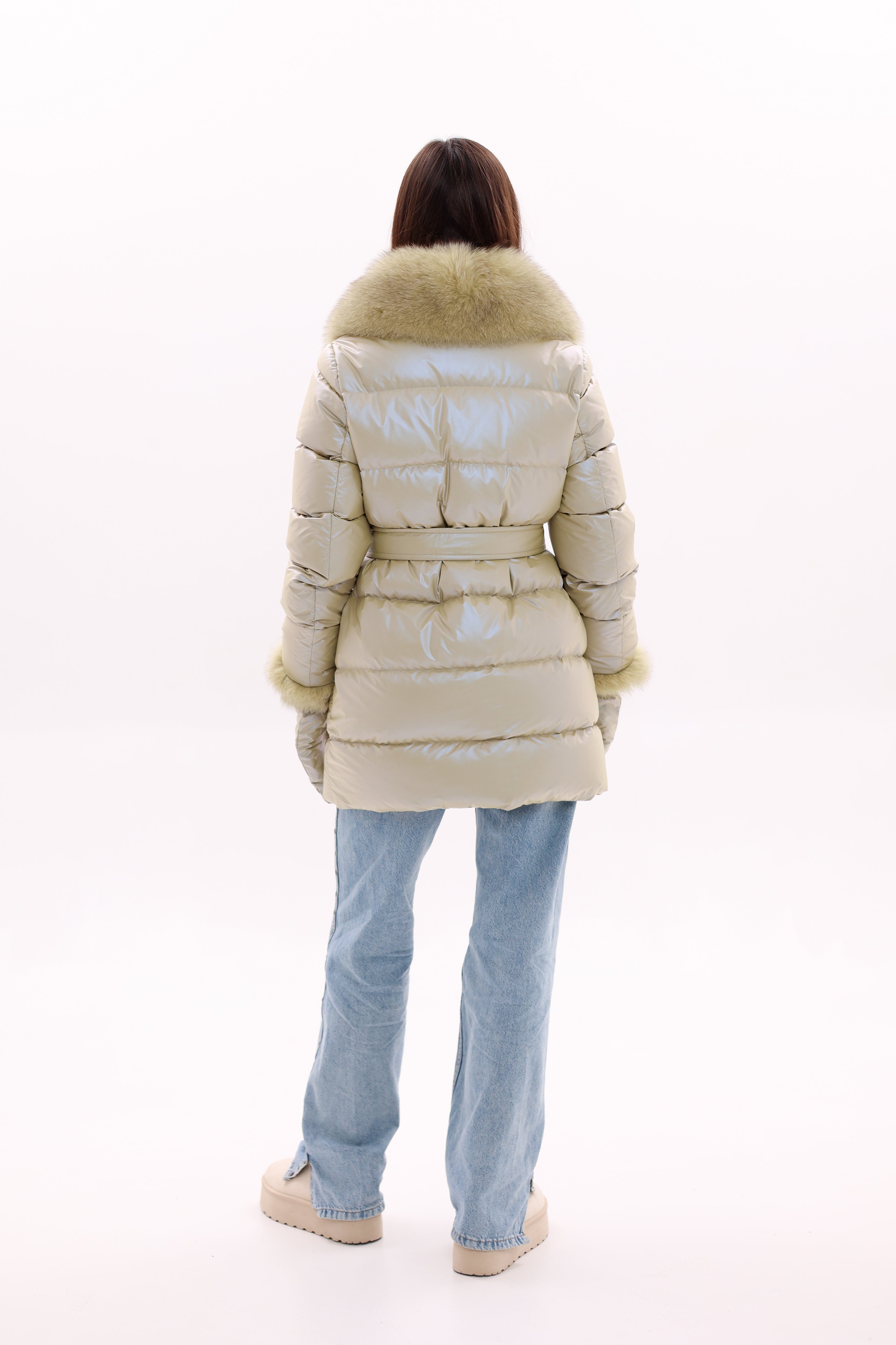 Genuine Fox Fur Down Coat with Fur Trim Mittens