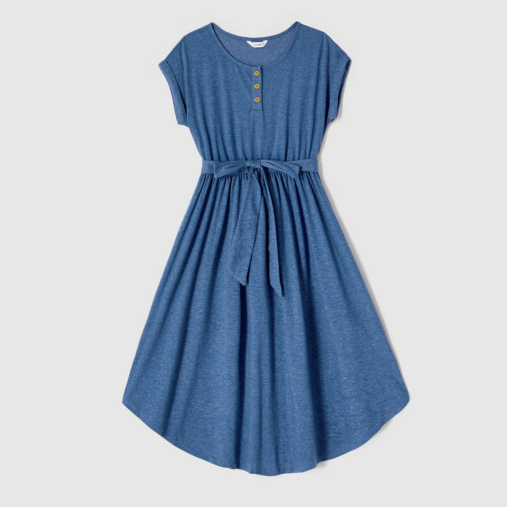 Family Matching Blue Cap-sleeve Belted Midi Dresses and Tee: Blue