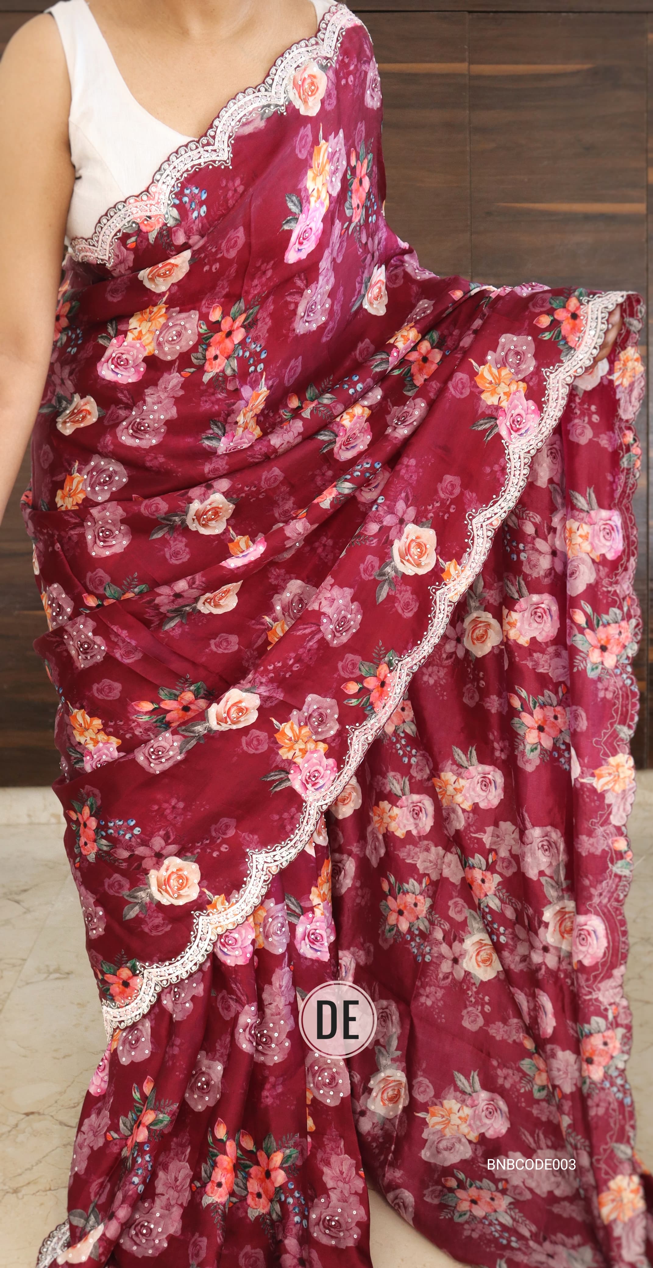 Cowkadi Flowers Buta Print Designer Satin Silk Saree