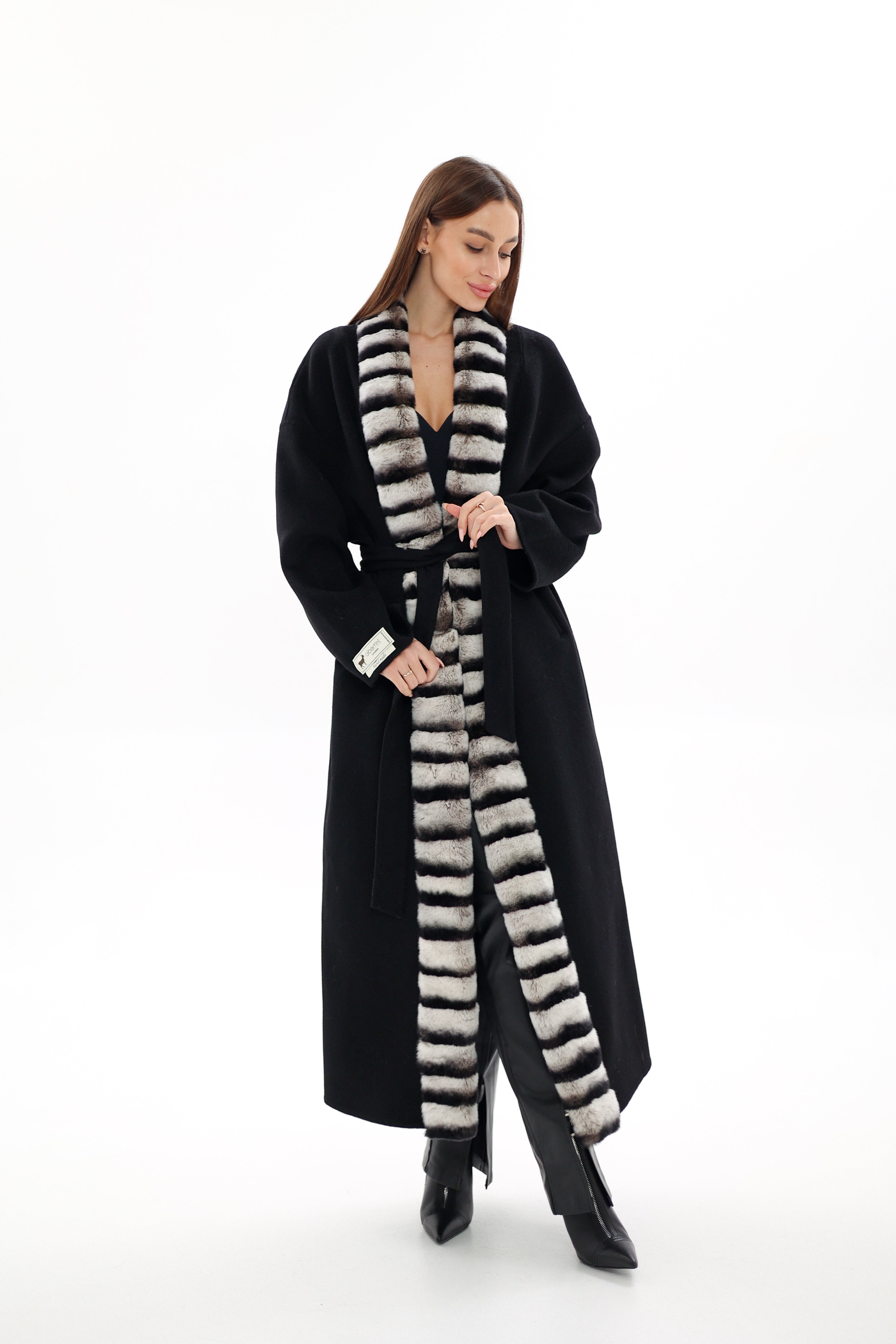 Genuine  French Orylag Fur Italian Cashmere Wool Coat