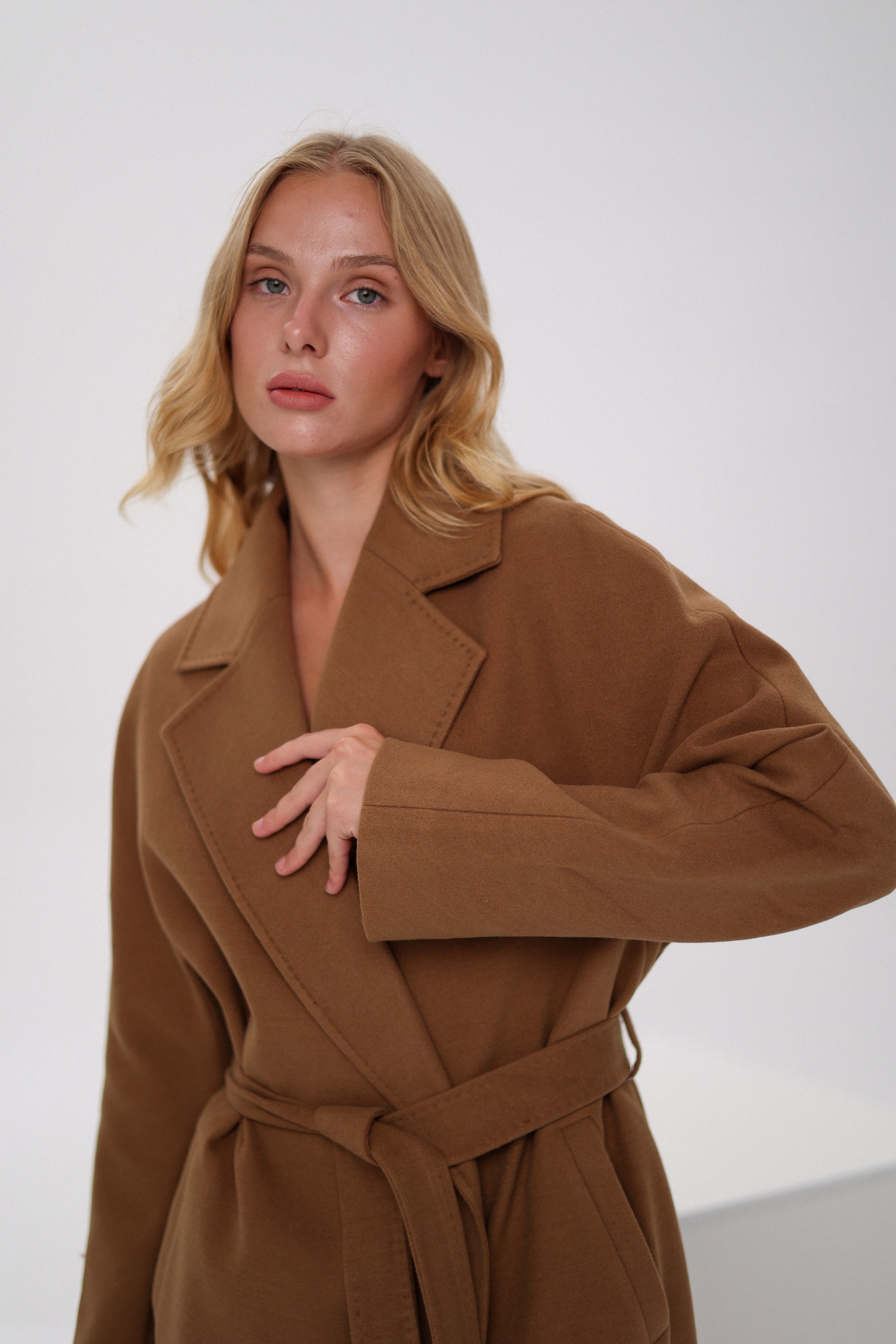 Cambridge Comfort Wraparound Wool Cashmere Coat in Dark Camel
