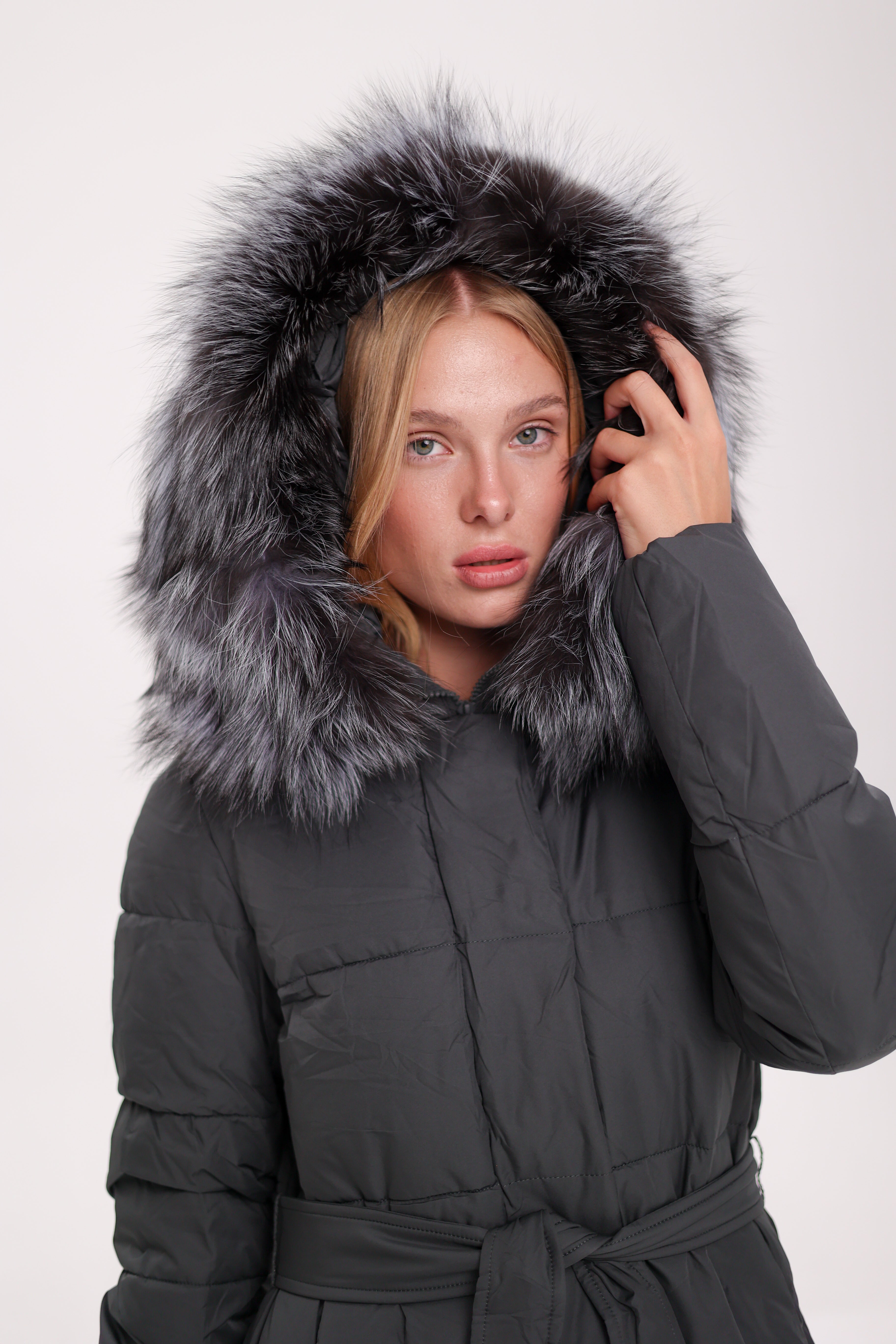 Genuine Silver Fox Belted Winter Insulated Coat