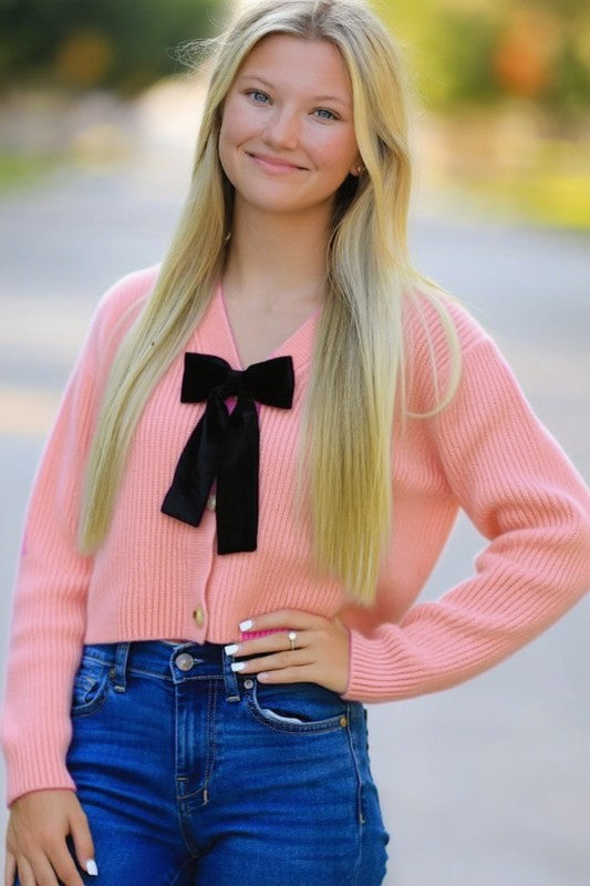 Bow Tie V-Neck Cropped Cardigan