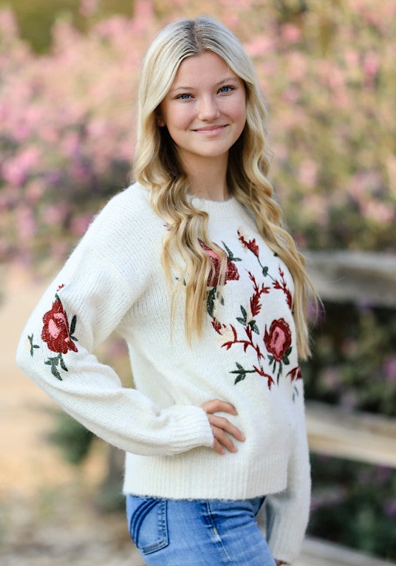 Floral Embroidered Knit Sweater