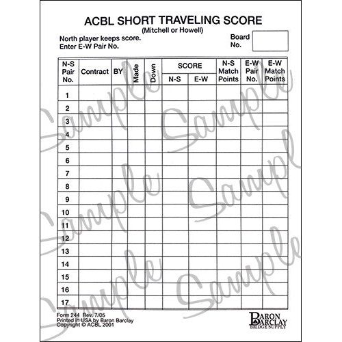 ACBL Short Traveling Score Pad (200 Sheets) #244