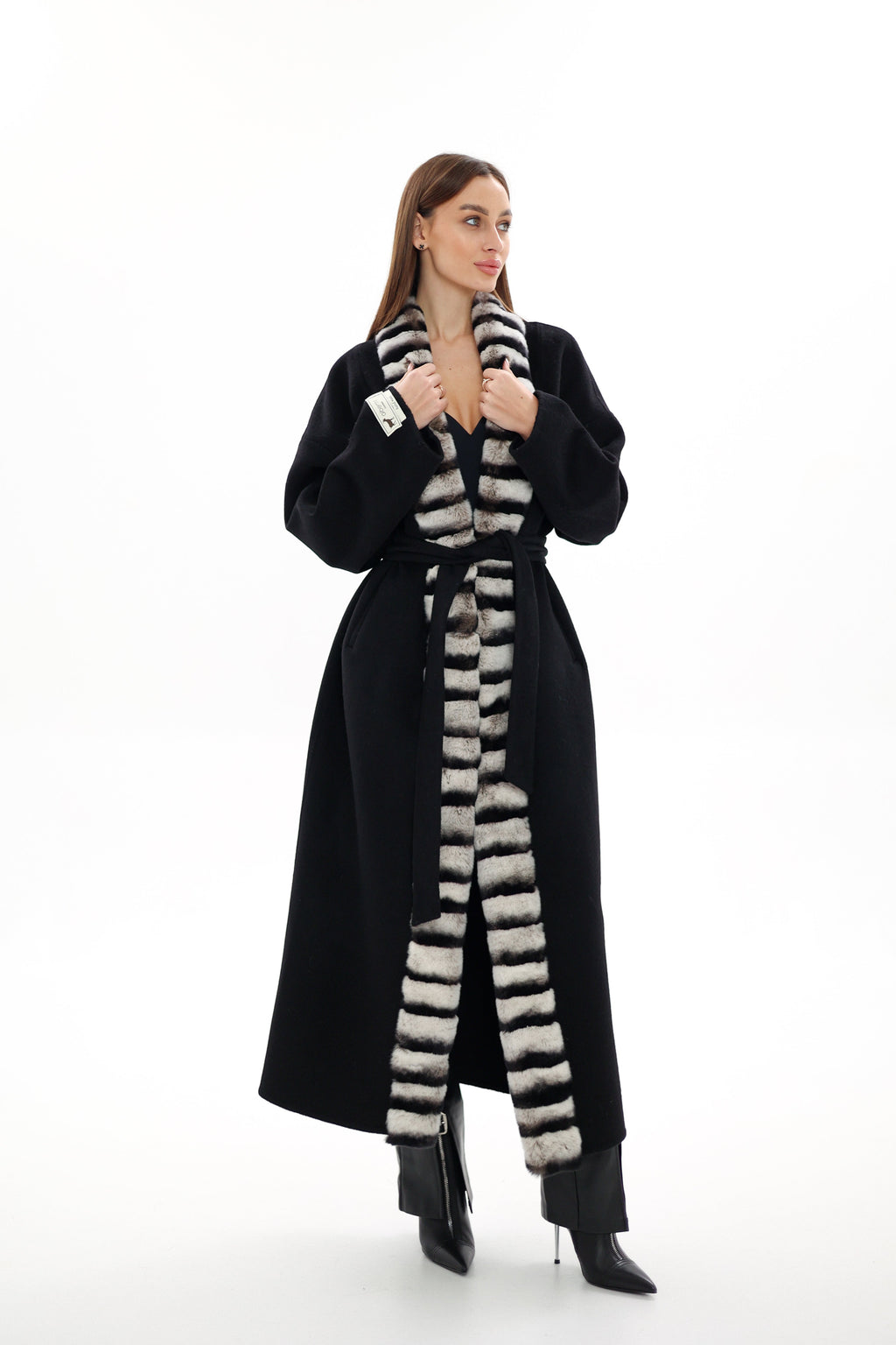 Genuine  French Orylag Fur Italian Cashmere Wool Coat