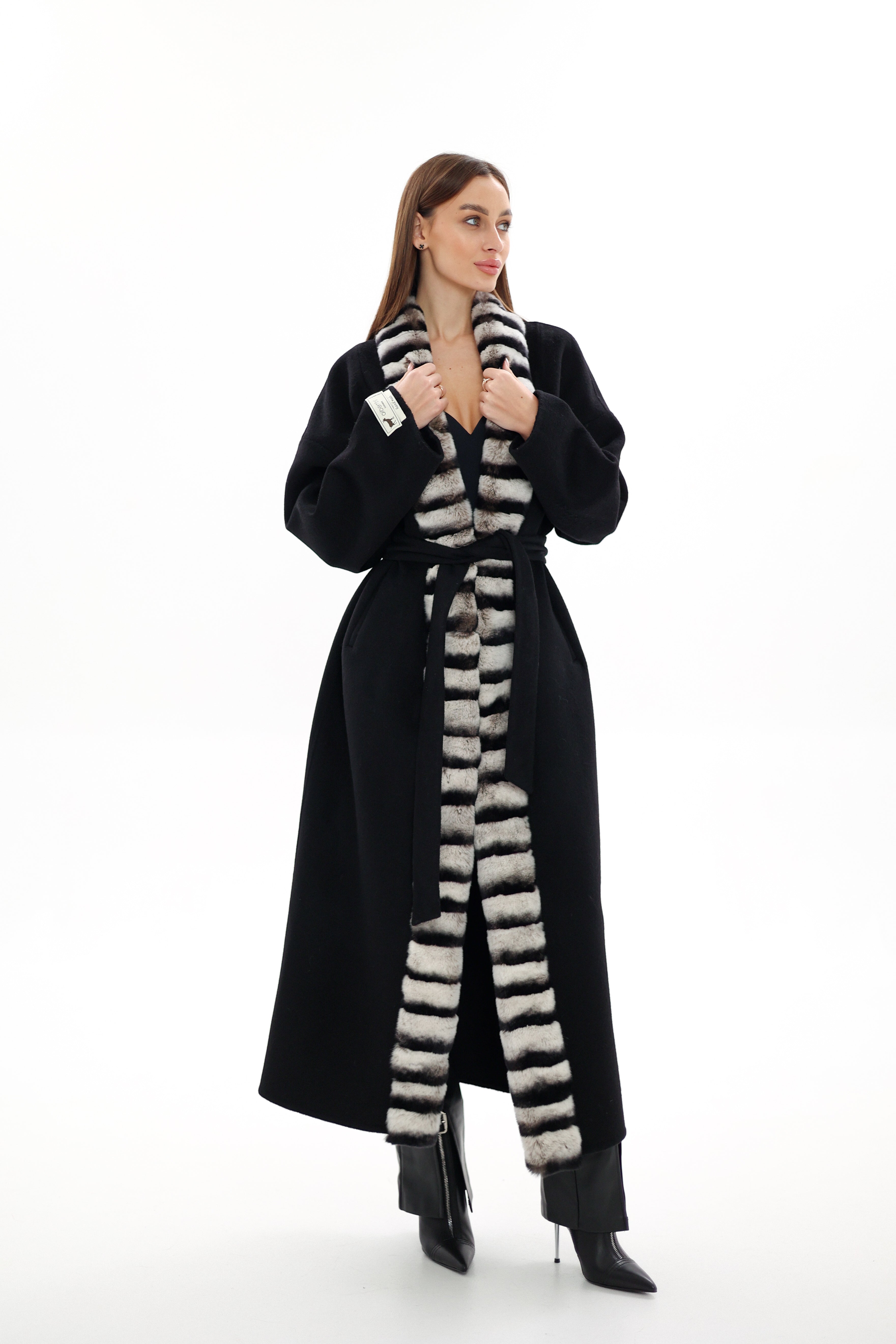 Genuine  French Orylag Fur Italian Cashmere Wool Coat