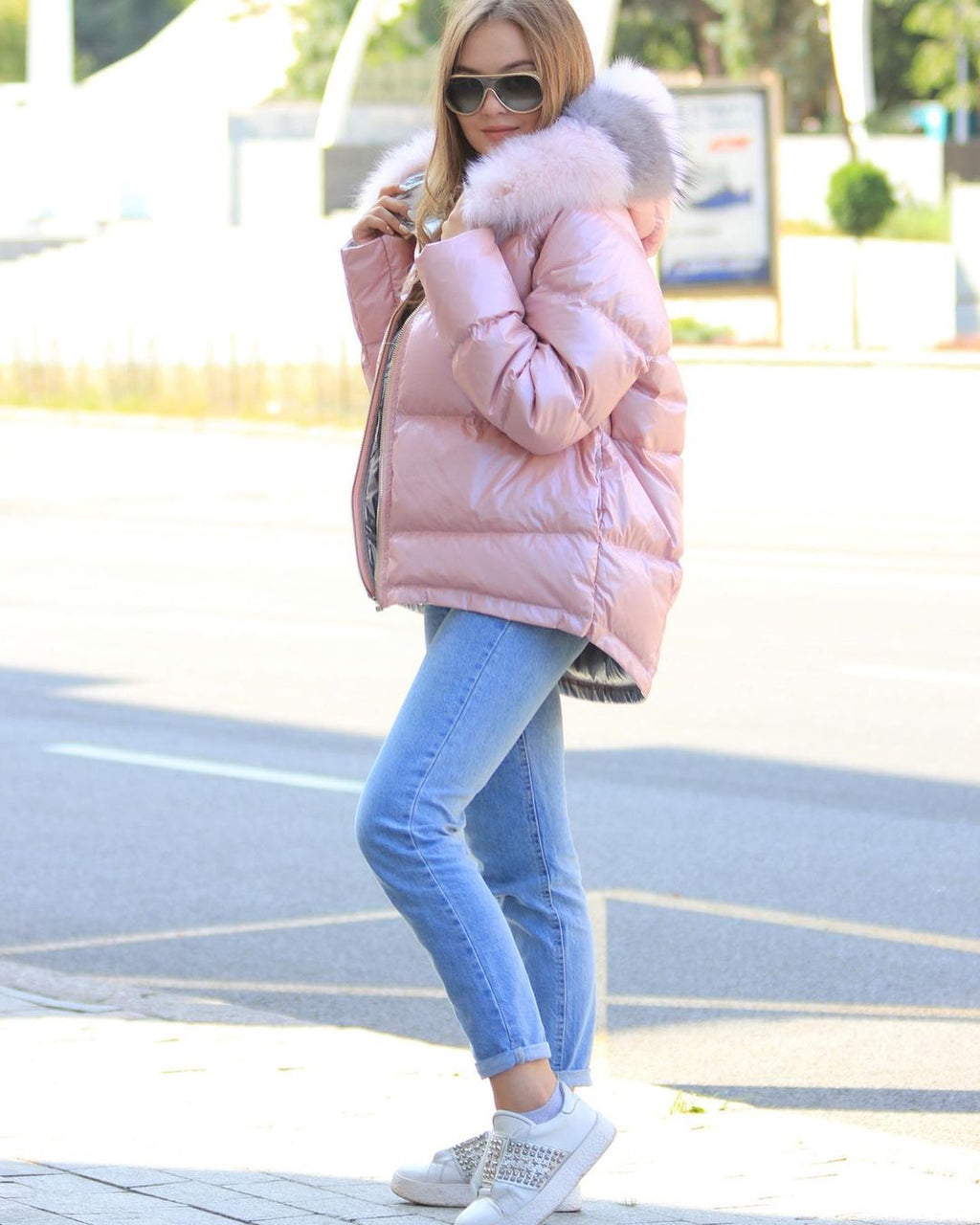 ⇆ Nicole Genuine Polar Fox Reversible Down Coat