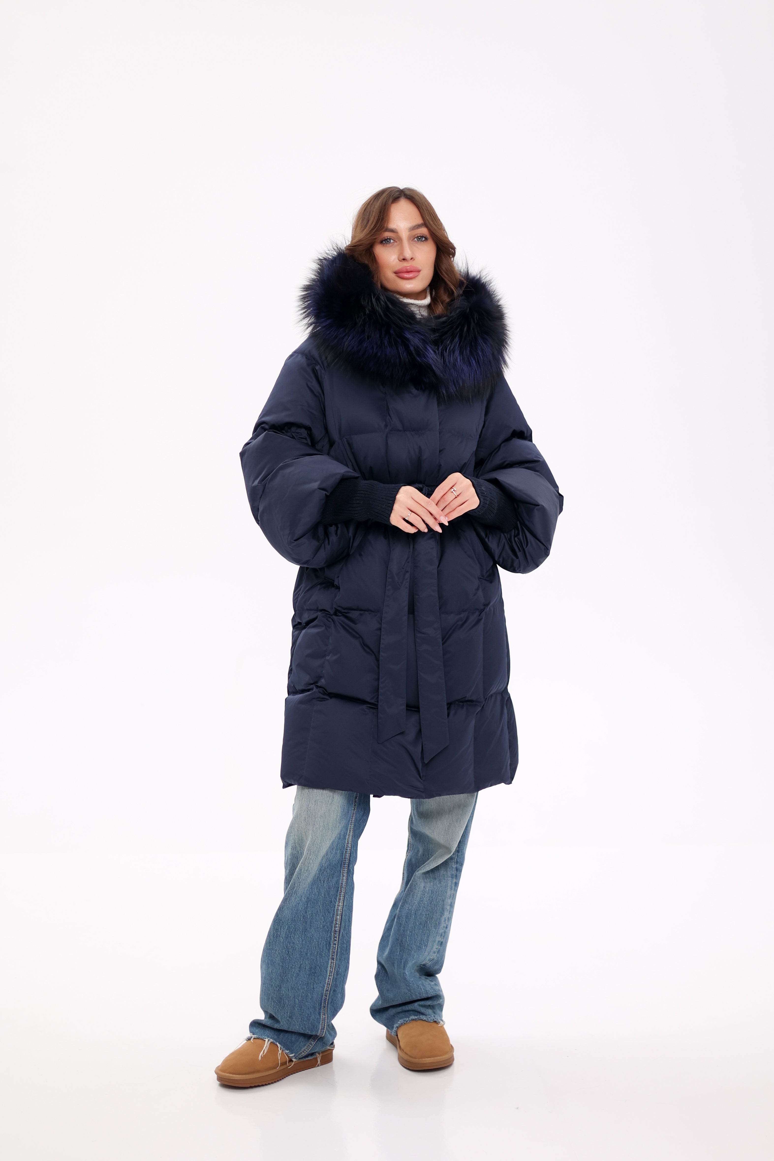 Genuine Fox Fur Trim Down Coat in Royal Blue