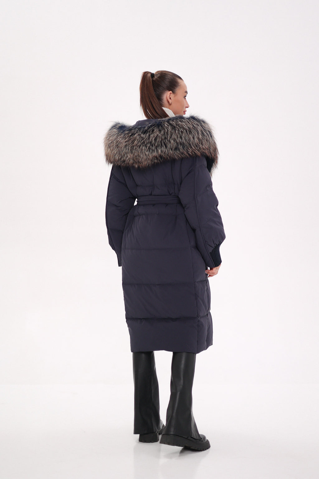 Rei Genuine Fur Trim Hooded Down Coat in Navy