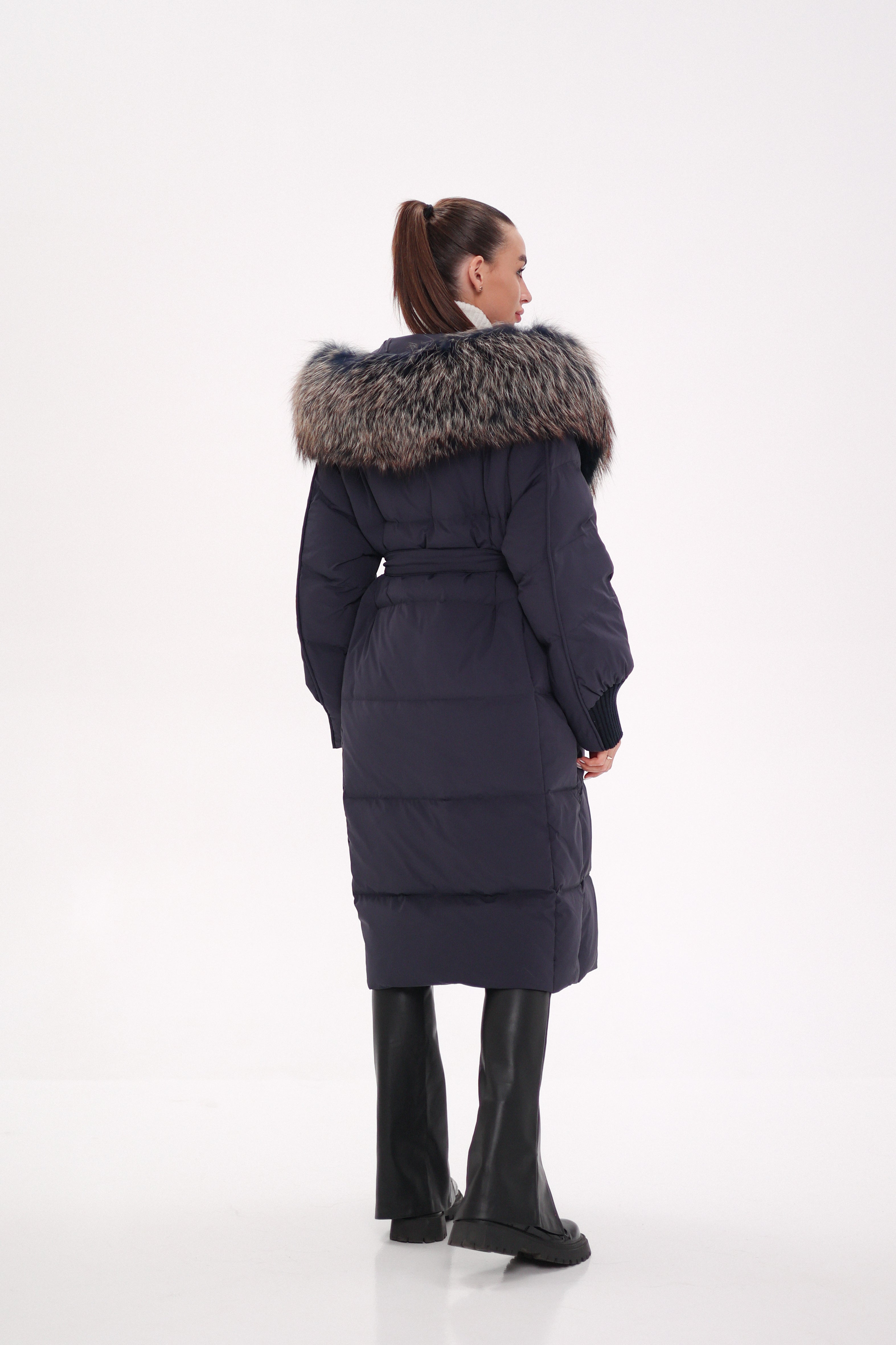 Rei Genuine Fur Trim Hooded Down Coat in Navy