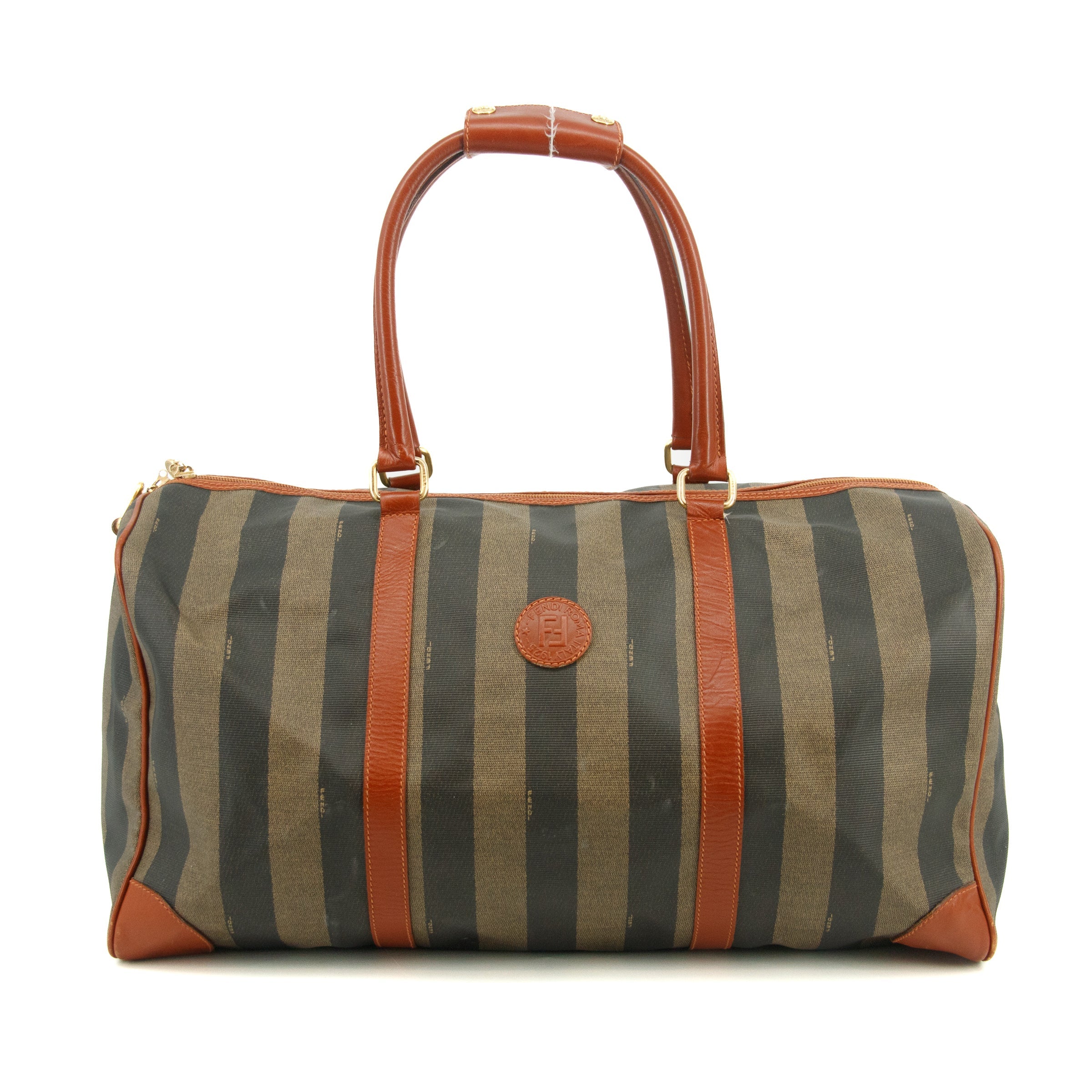 Fendi Pecan Pattern PVC x Leather Boston Bag Brown #3604