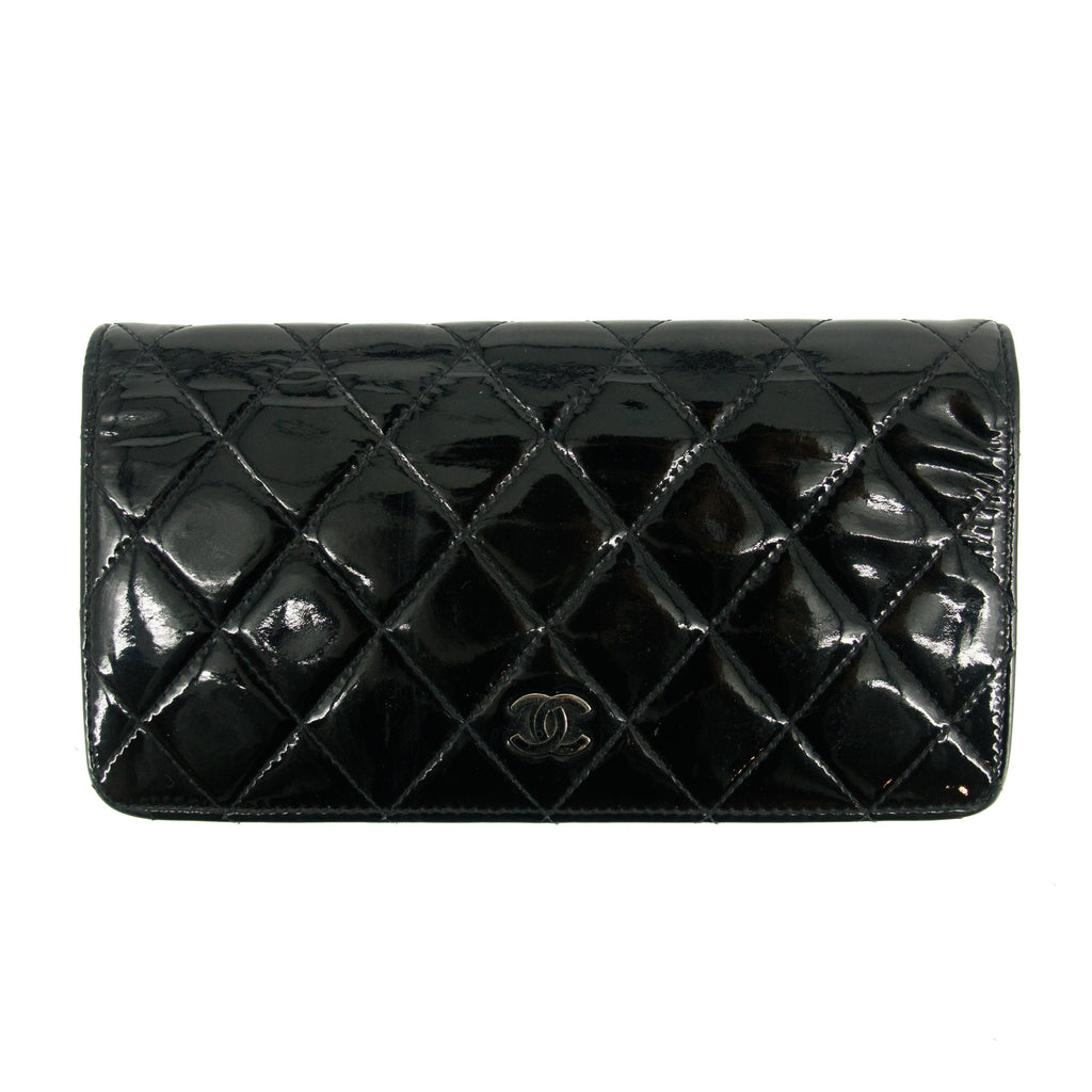 Chanel Patent Leather Black Matelasse Quilted Long Bifold Wallet #3735