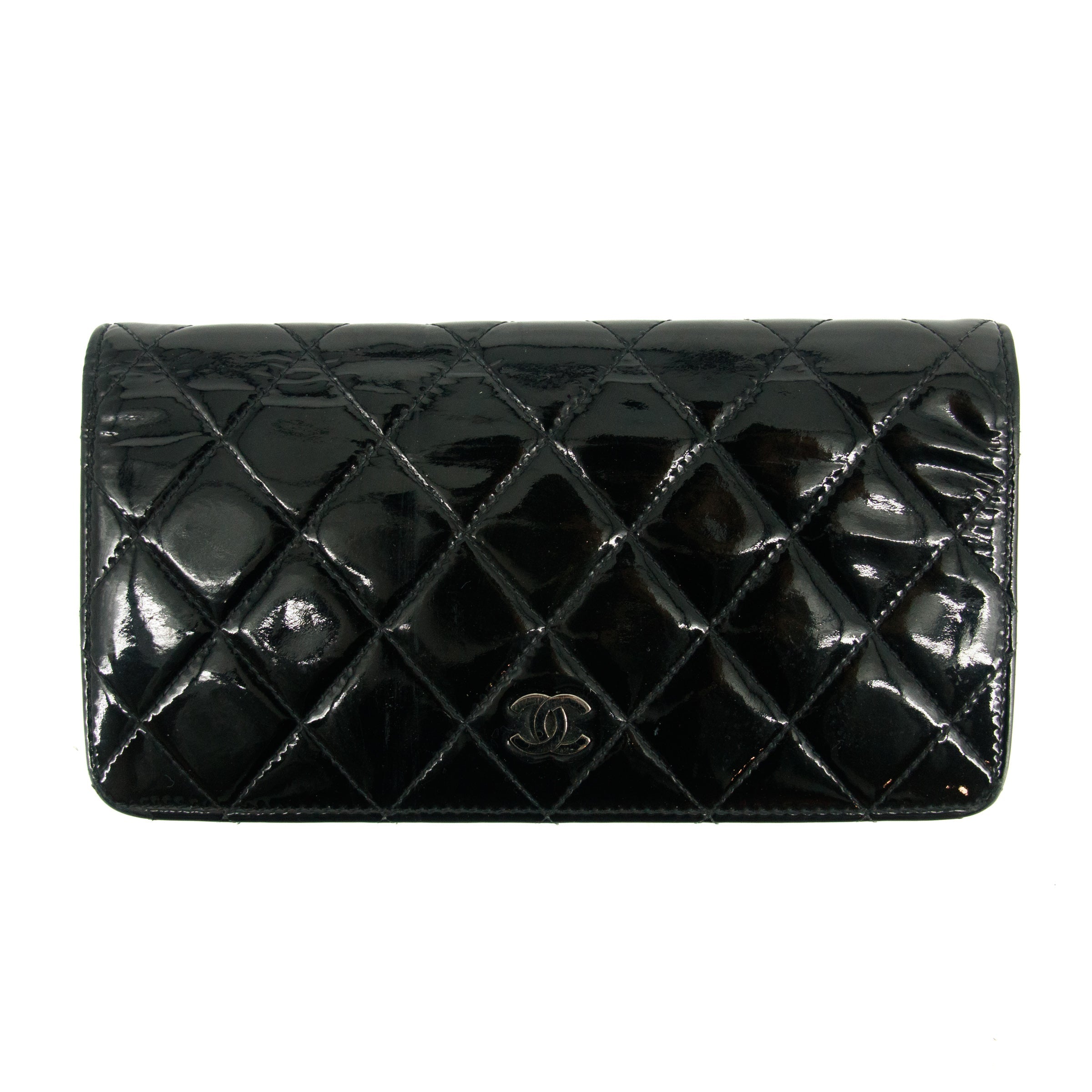 Chanel Patent Leather Black Matelasse Quilted Long Bifold Wallet #3735