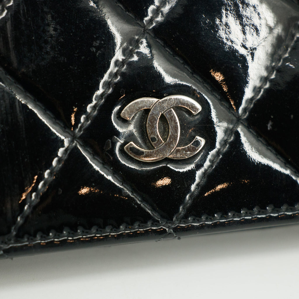 Chanel Patent Leather Black Matelasse Quilted Long Bifold Wallet #3735
