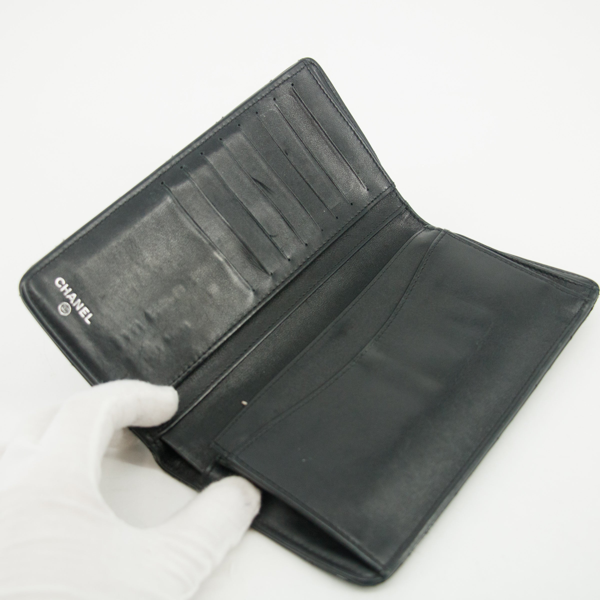 Chanel Patent Leather Black Matelasse Quilted Long Bifold Wallet #3735