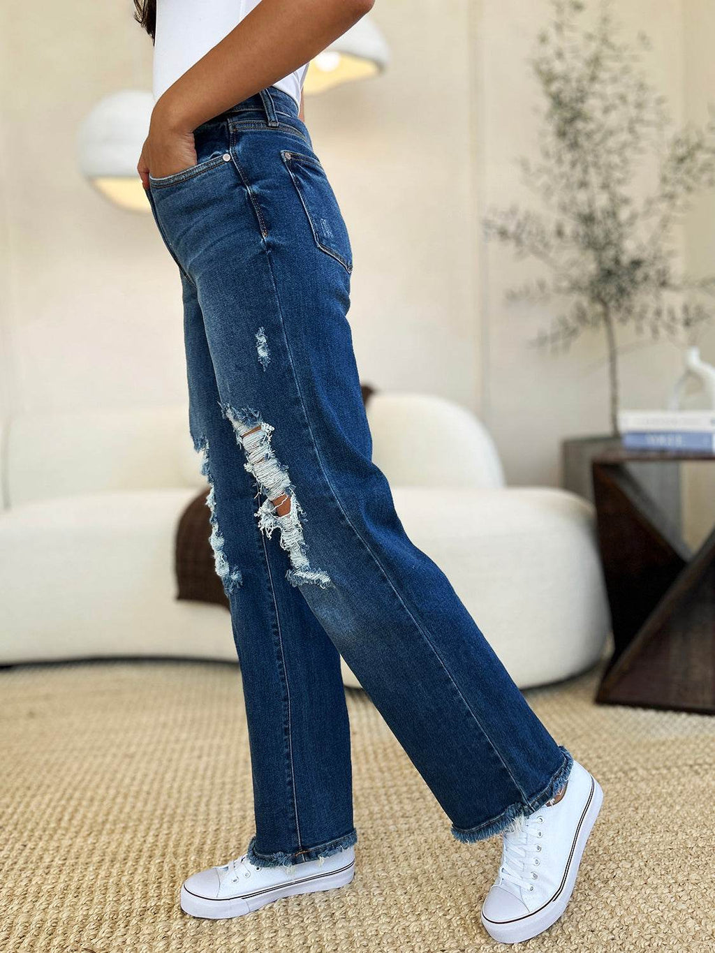 Judy Blue Full Size Mid Rise Distressed Raw Hem Women Jeans