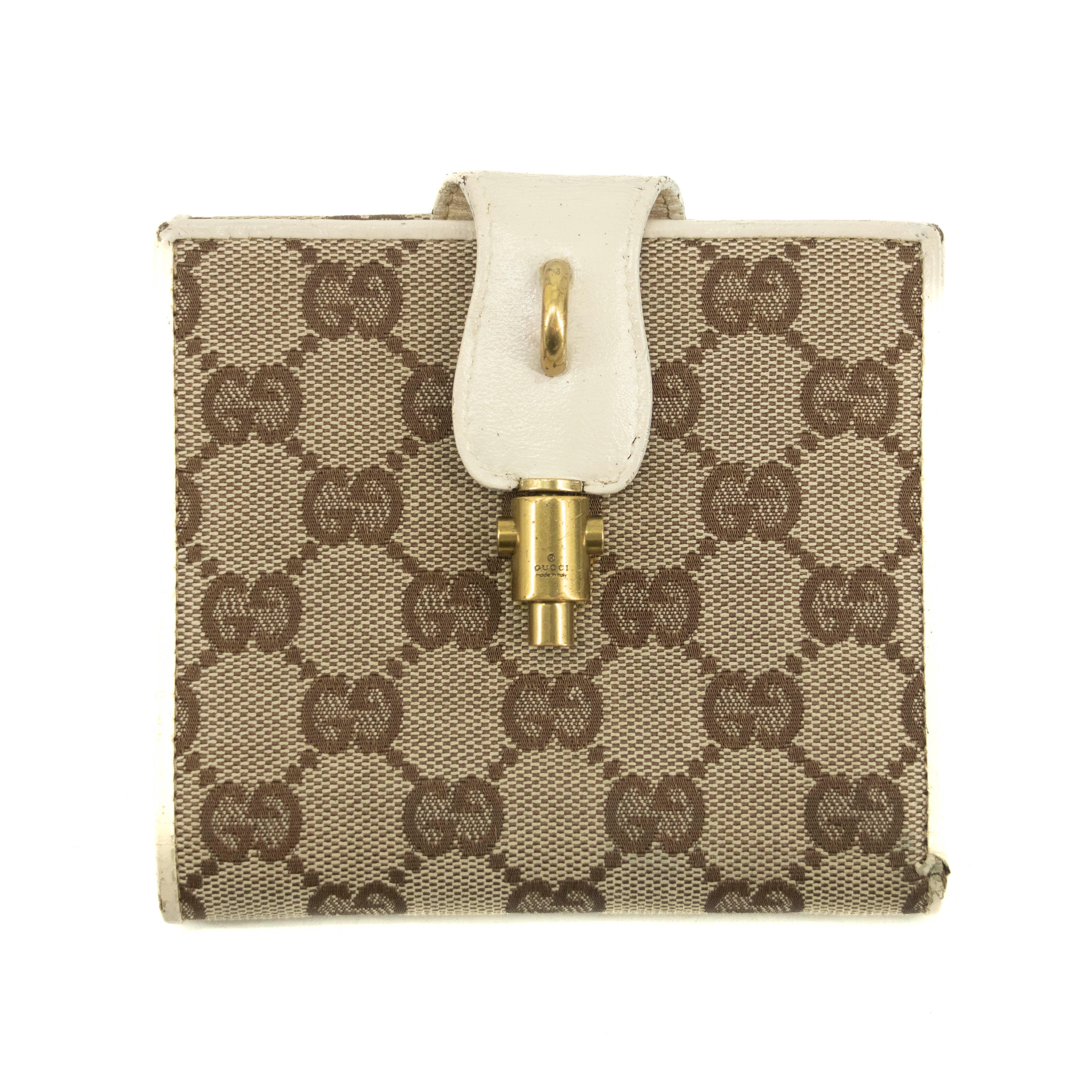 Gucci GG Brown White Canvas x Leather Compact Wallet #3935