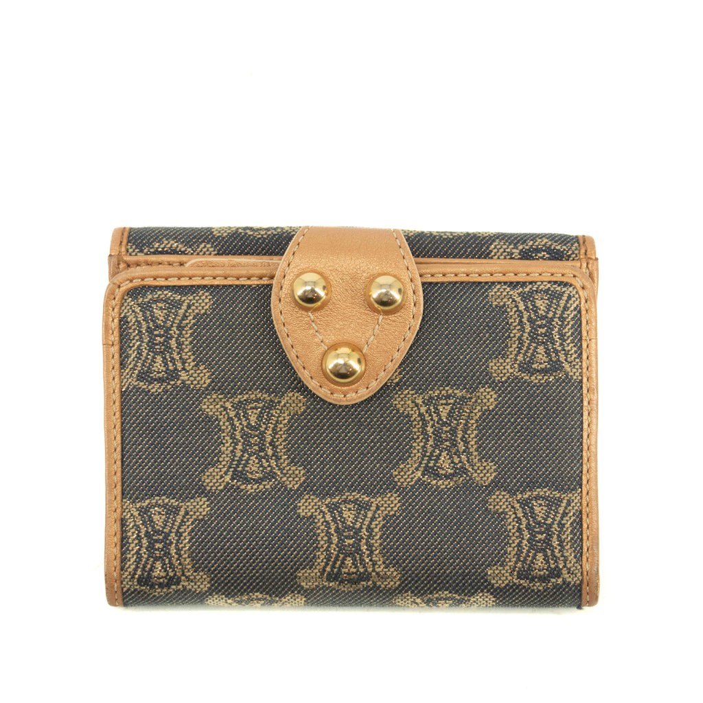 Celine Triomphe Canvas Beige x Blue Demin Compact Wallet #3950