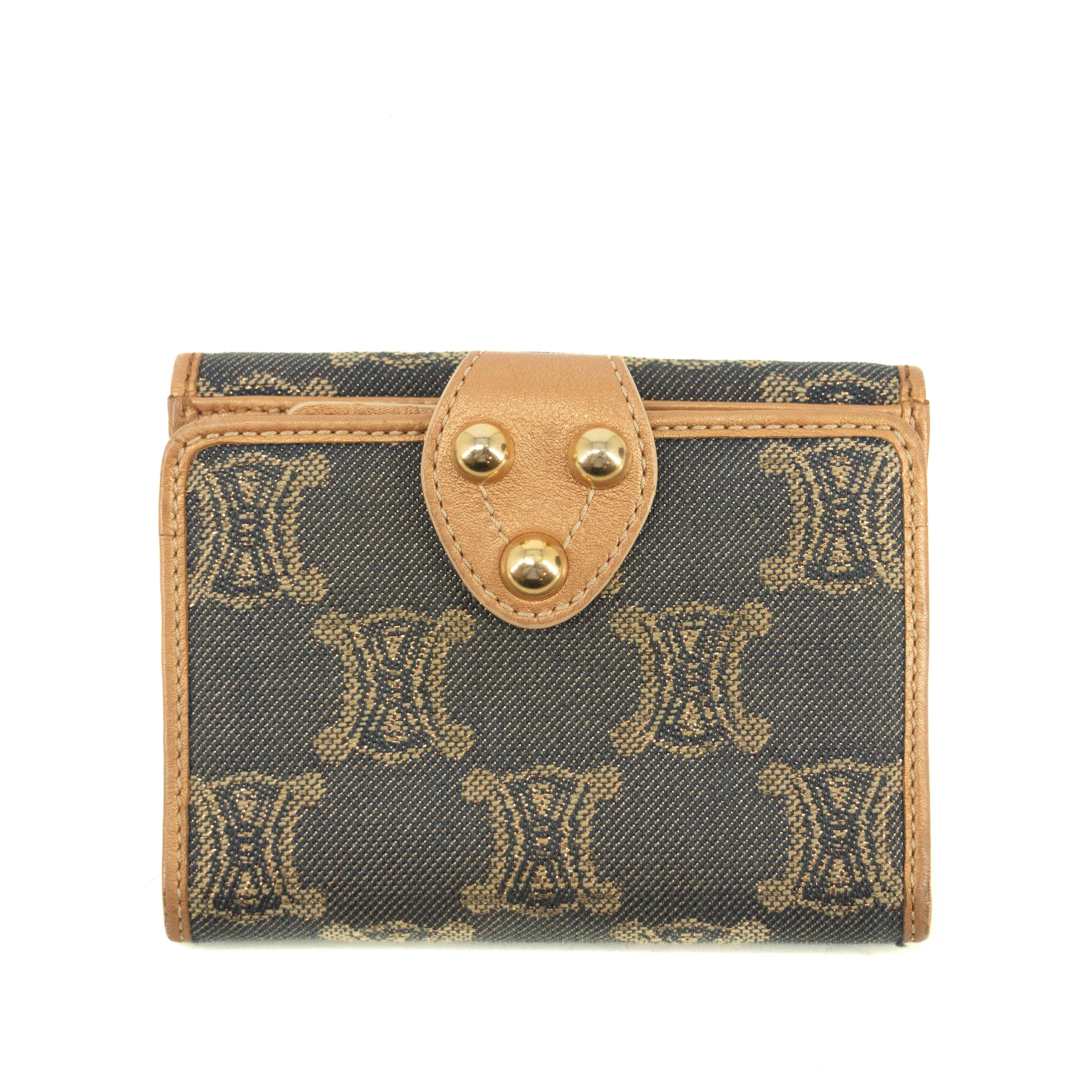 Celine Triomphe Canvas Beige x Blue Demin Compact Wallet #3950