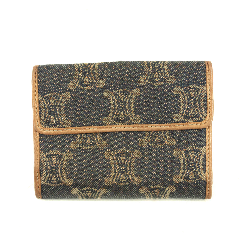 Celine Triomphe Canvas Beige x Blue Demin Compact Wallet #3950