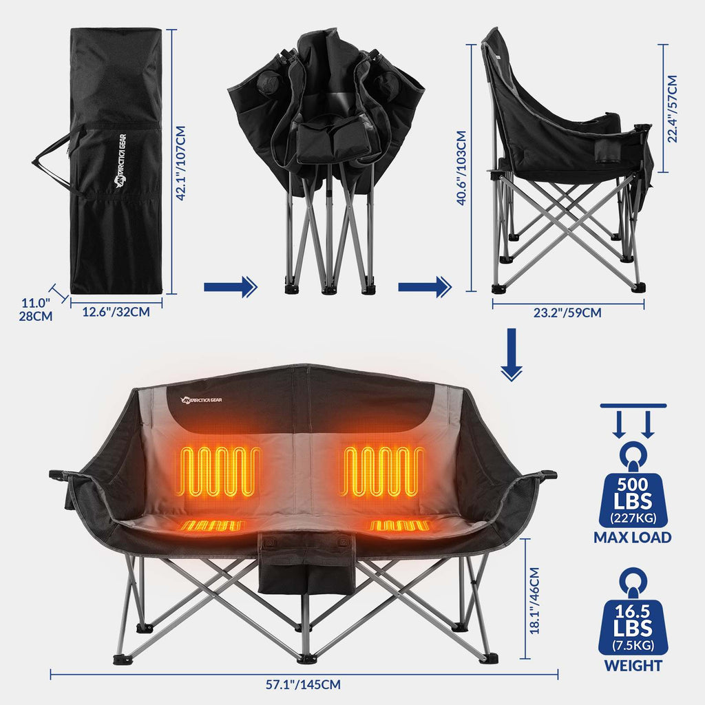 ANTARCTICA GEAR Heated Double Camping Chair, 2-Person Folding Chair Heated Portable Loveseat Chair