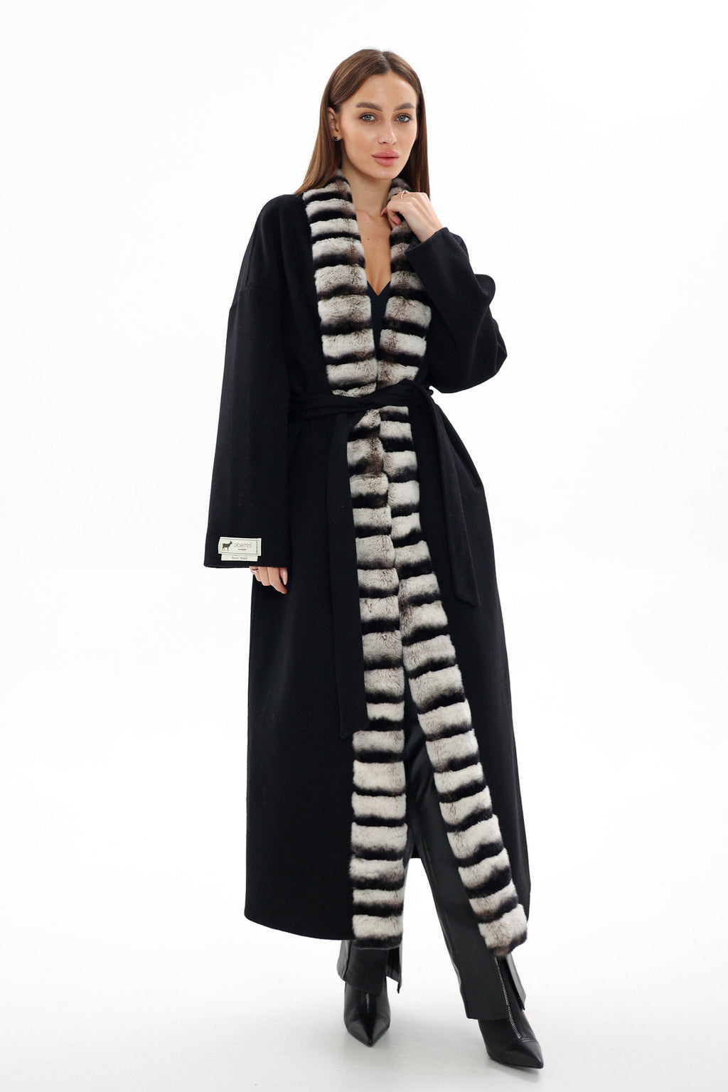 Genuine  French Orylag Fur Italian Cashmere Wool Coat