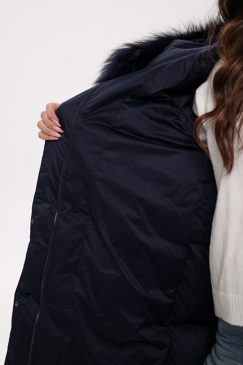 Genuine Fox Fur Trim Down Coat in Royal Blue