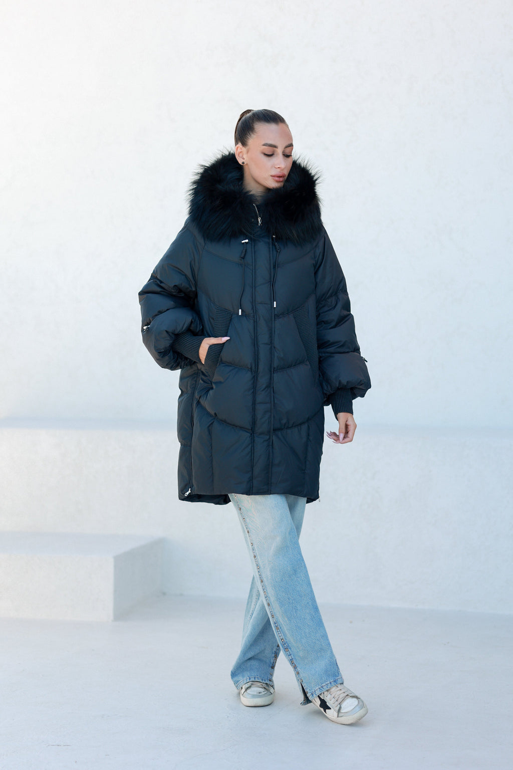 Celeste Genuine Fur Trim Down Fill Coat in Black