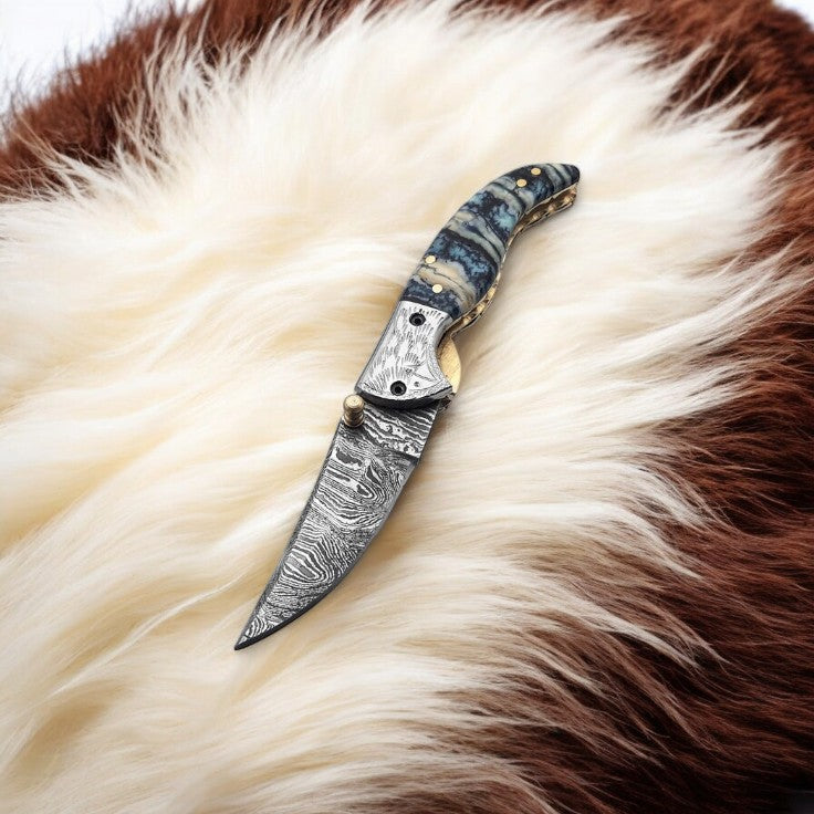 Handmade Damascus Steel Pocket Knife with Epoxy Handle