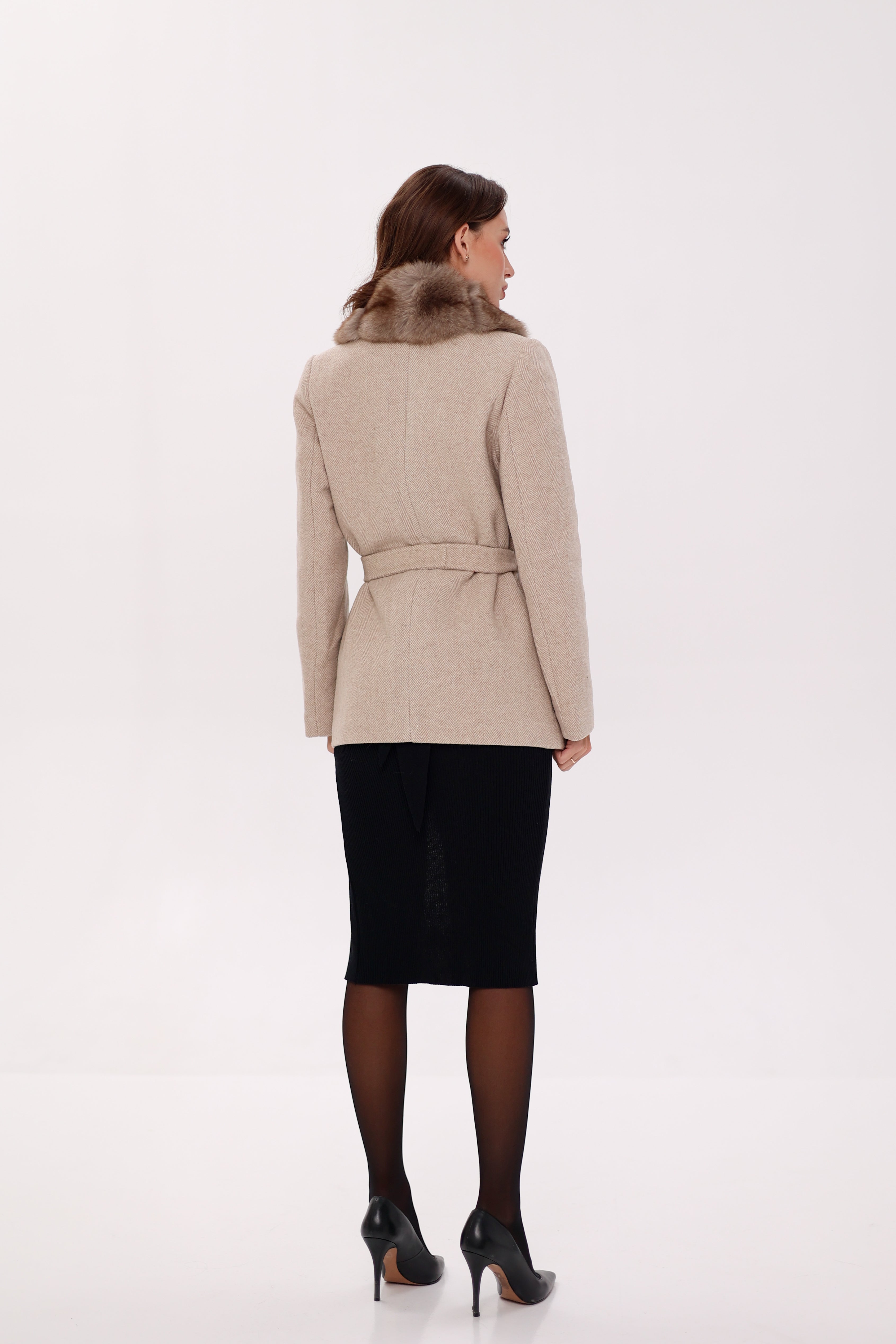 Genuine Polar Fox Fur Virgin Wool Coat in Nude