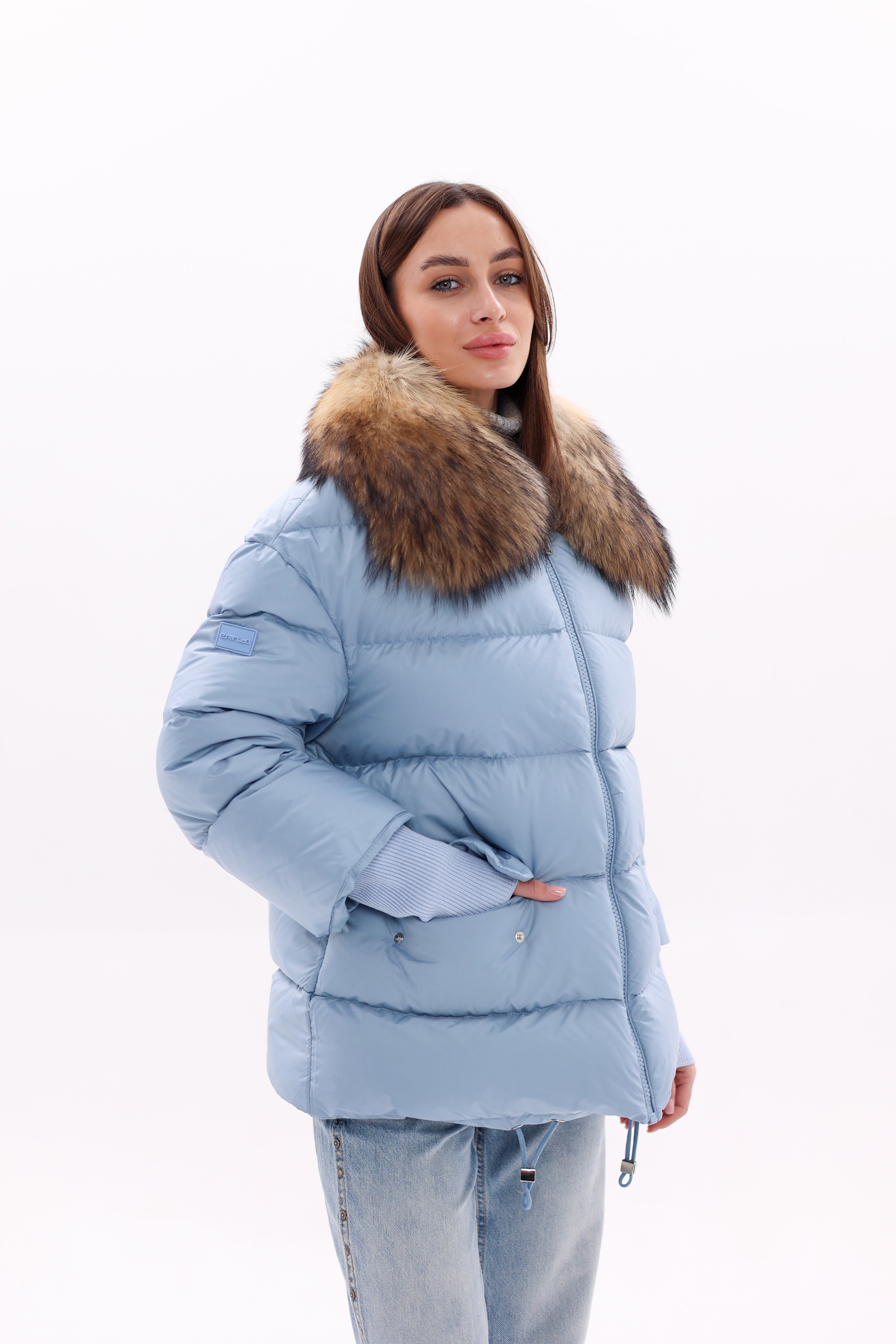 Genuine Fur Trim Down Fill Coat in Blue